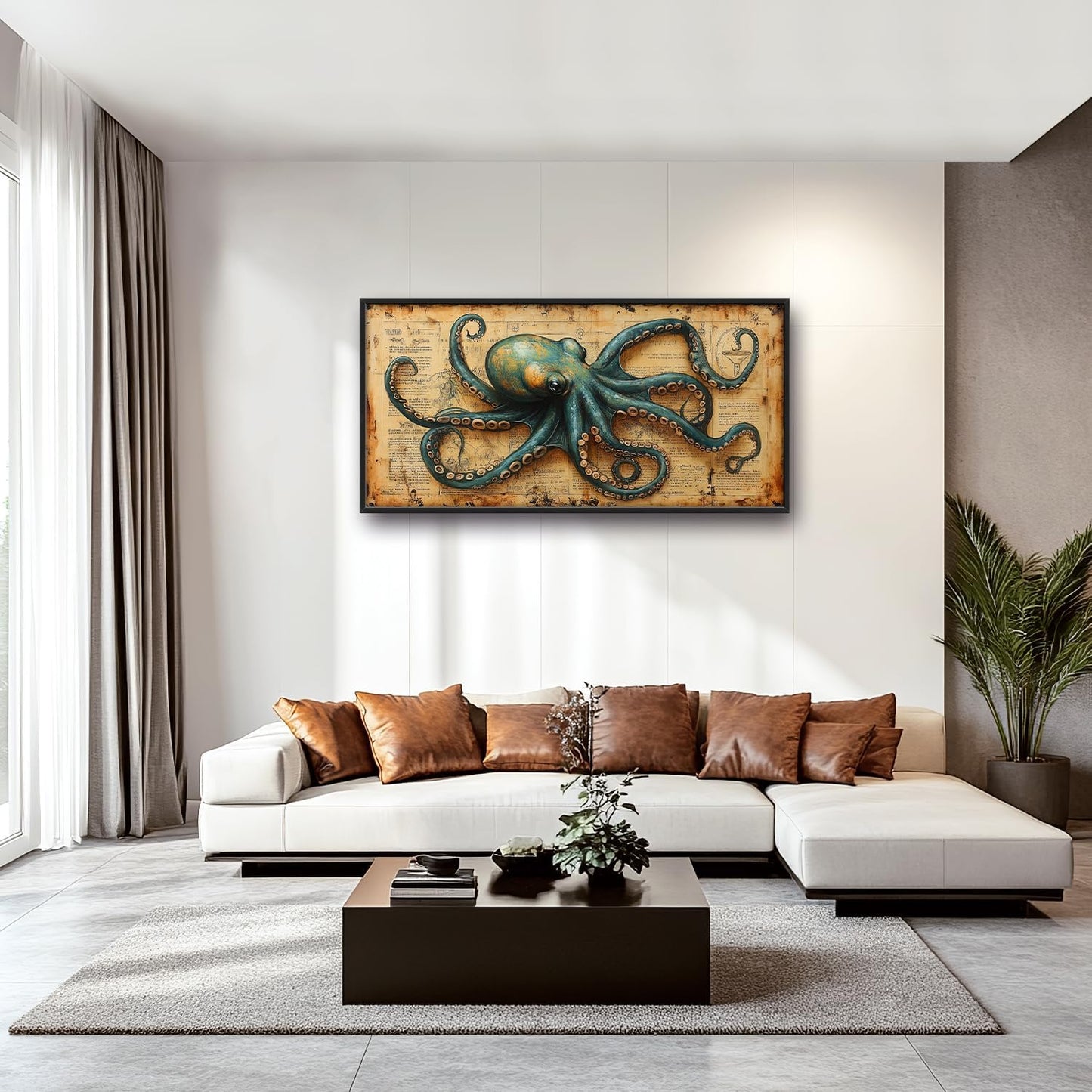 Large Octopus Nautical Wall Art for Living Room, Vintage Ocean Canvas Oversized Wall Decor, Rustic Sea Animal Framed Pictures Painting Print Artwork for Bedroom Office 60"L x 30"W