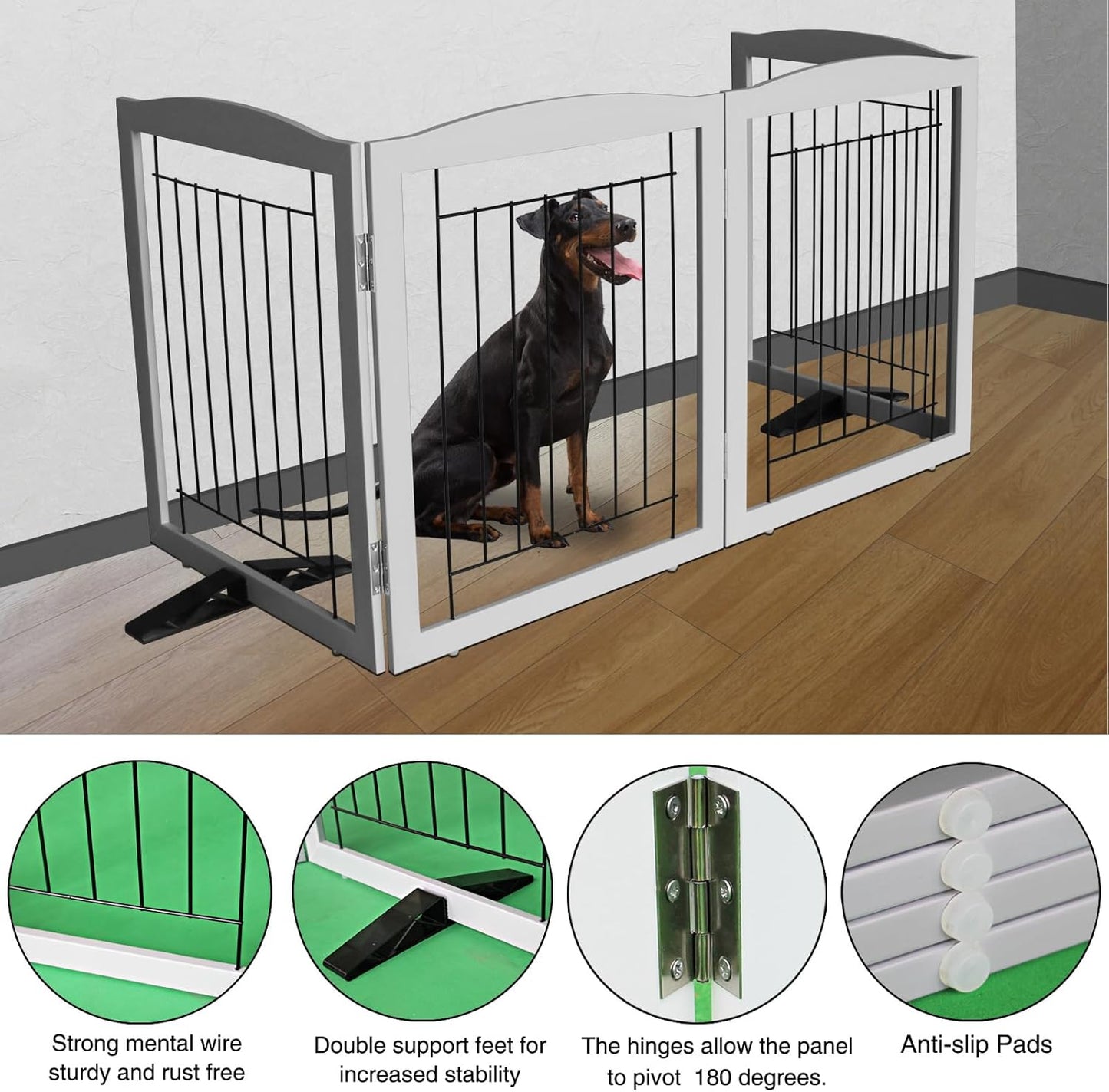 ZJSF Freestanding Dog Fence Indoor, Foldable Dog Gate for Doorways, Stairs or Hallways, Sturdy Wood Extra Wide Pet Gate with Support Feet for The House, Grey, 24 "Height-4 Panels