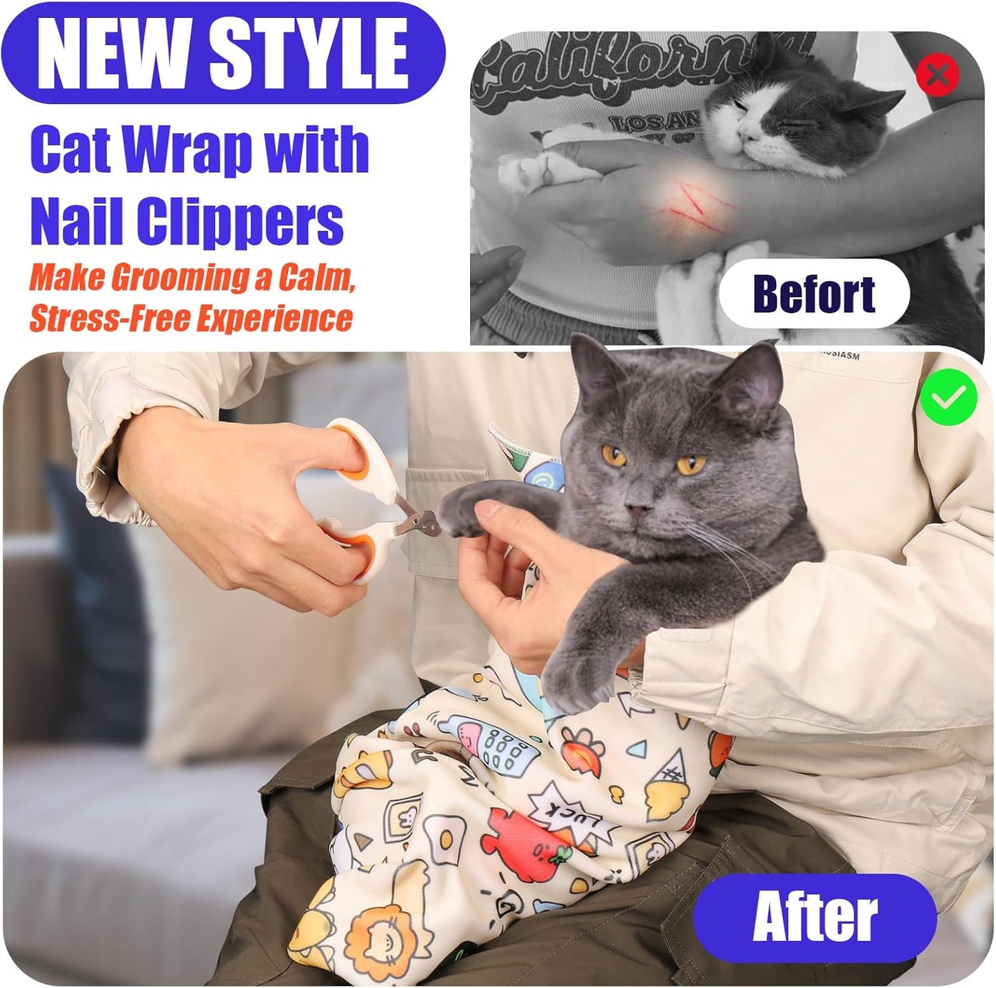 XANGNIER Cat Wrap for Grooming,Cat Restraint Wrap for Cutting Nails,Fabric Burrito Wrap for Nail Clipping, Anti-Scratch, Anti-Escape,Multifunctional Swaddle Wrap Pet Tool (27.5 x 27.5 Inch)
