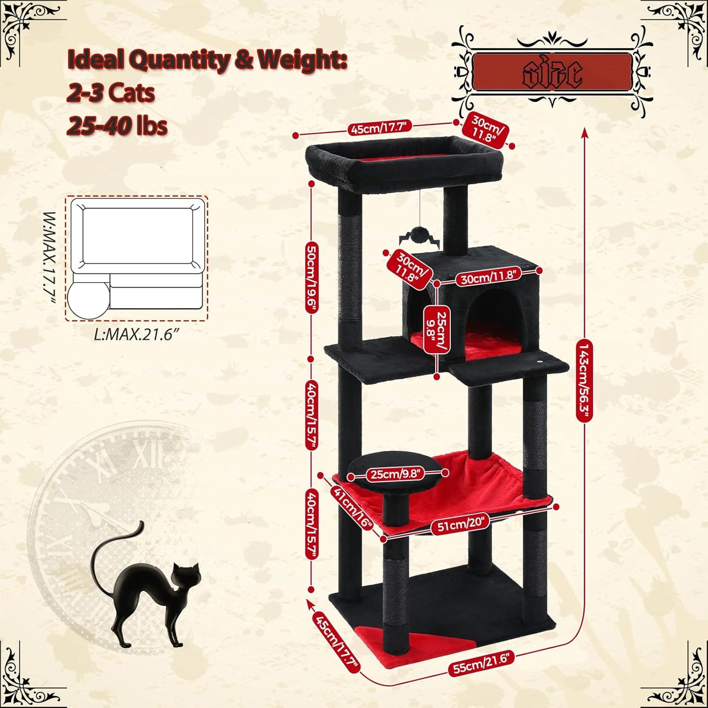 PETEPELA 56.3" Gothic Cat Tree for Indoor Cats, Tall Cat Tower with Super Large Hammock (20"X16"), Sisal Covered Scratching Posts, Cozy Condo and Top Perch Black