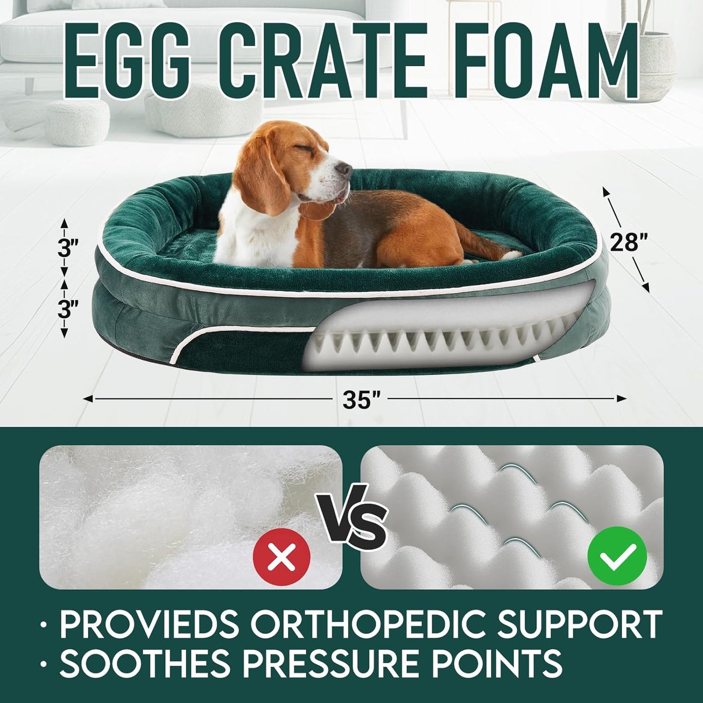 OhGeni Orthopedic Dog Couch Pet Sofa Large Sized Cat Beds with Comfort Foam Support, Soft Comfortable Fabric, Machine Washable Waterproof Removable Cover, 35-Inch (Dark Green)