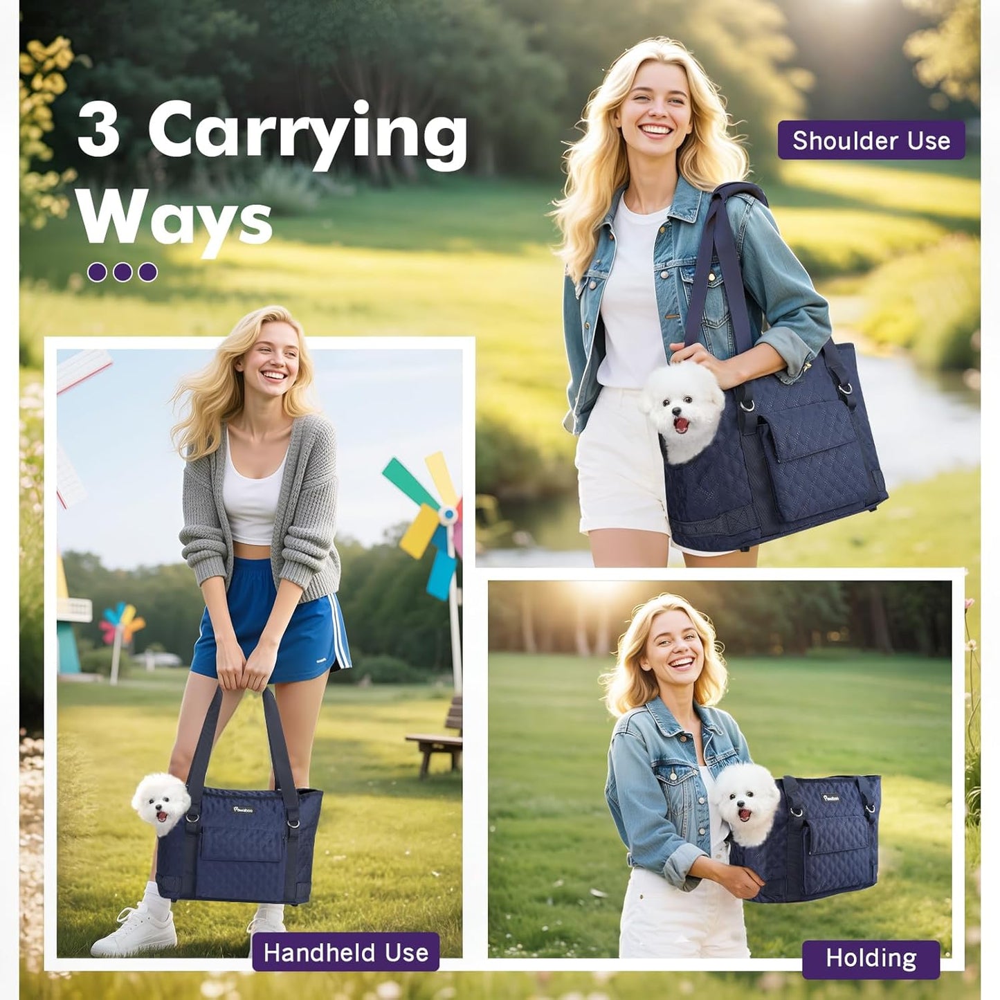 Pawaboo Dog Purse Carrier for Small Dogs with Pocket, Lightweight Dogs and Puppies Tote Bag Carrier, Dog Carriers Soft Sided for Puppy Cat Rabbit, Shopping Travel Puppy Carriers Under 11 LBS,Navy Blue