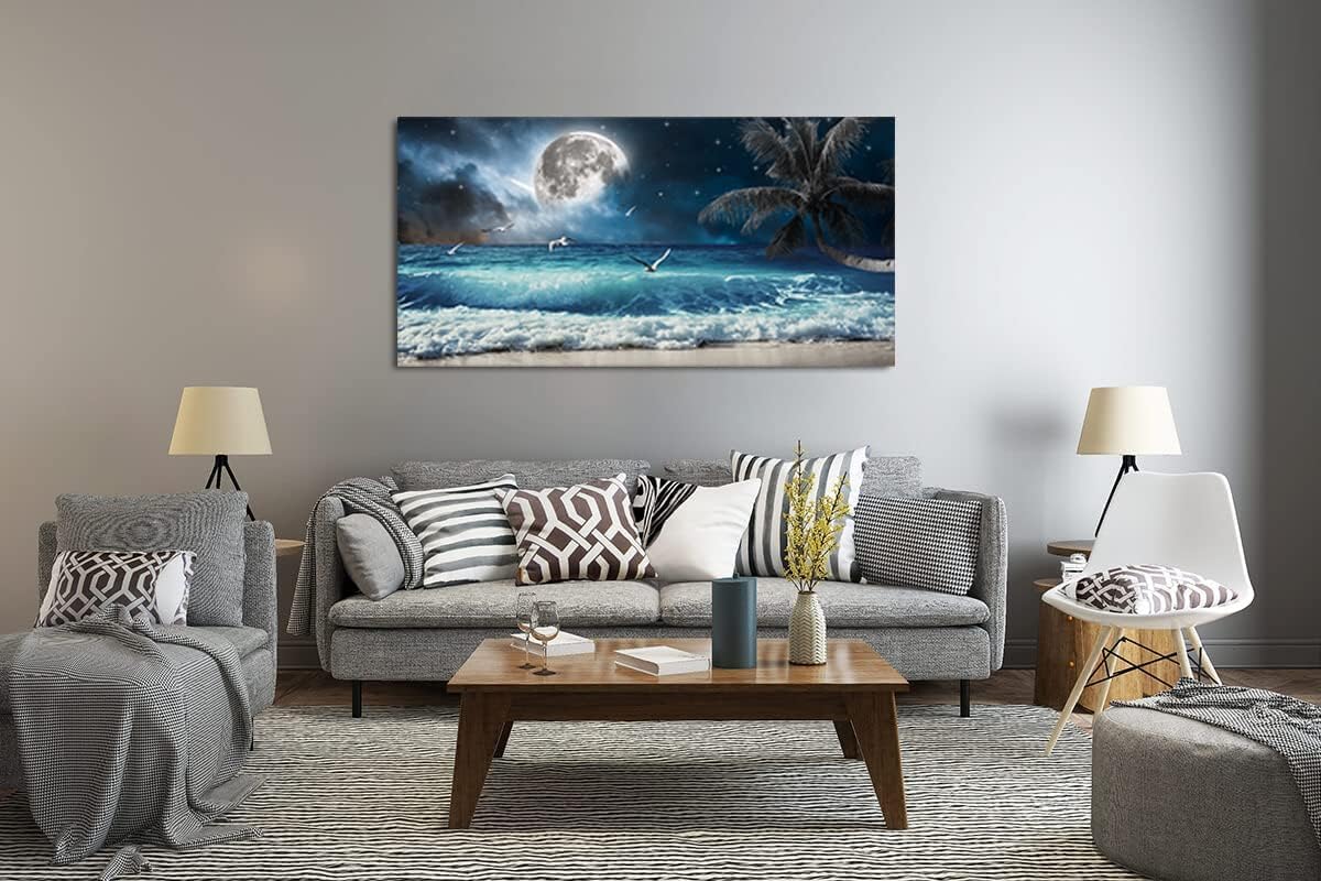 Yxbhhym large Moon Ocean Wall Art Seascape Painting Sea Pictures Canvas Wave Blue Beach Artwork for Wall Landscape Poster Prints Palm Wall Decor Bedroom Living Room Decor Framed-24x48inches