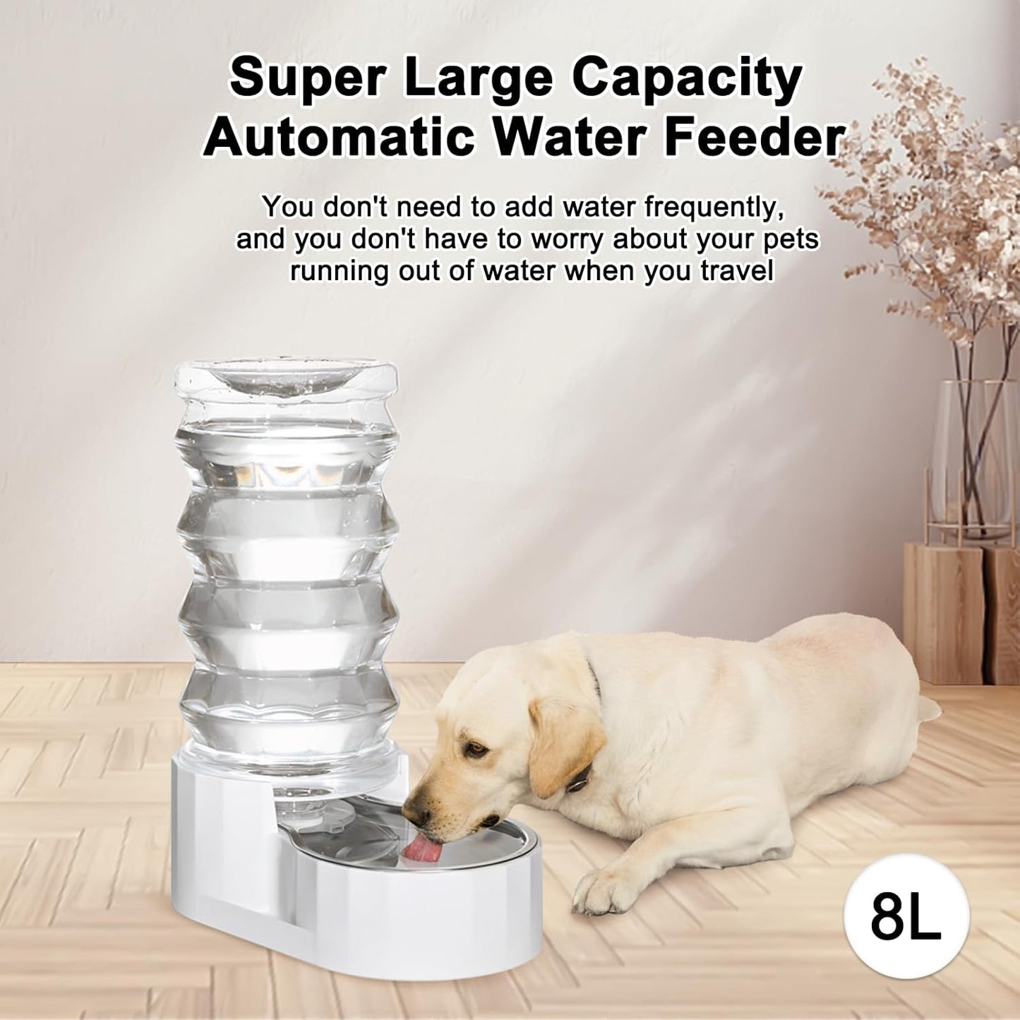 RIZZARI Large Gravity Water Dispenser: 8L Automatic Dog Water Feeder with Stainless Steel Bowl for Multiple Pets