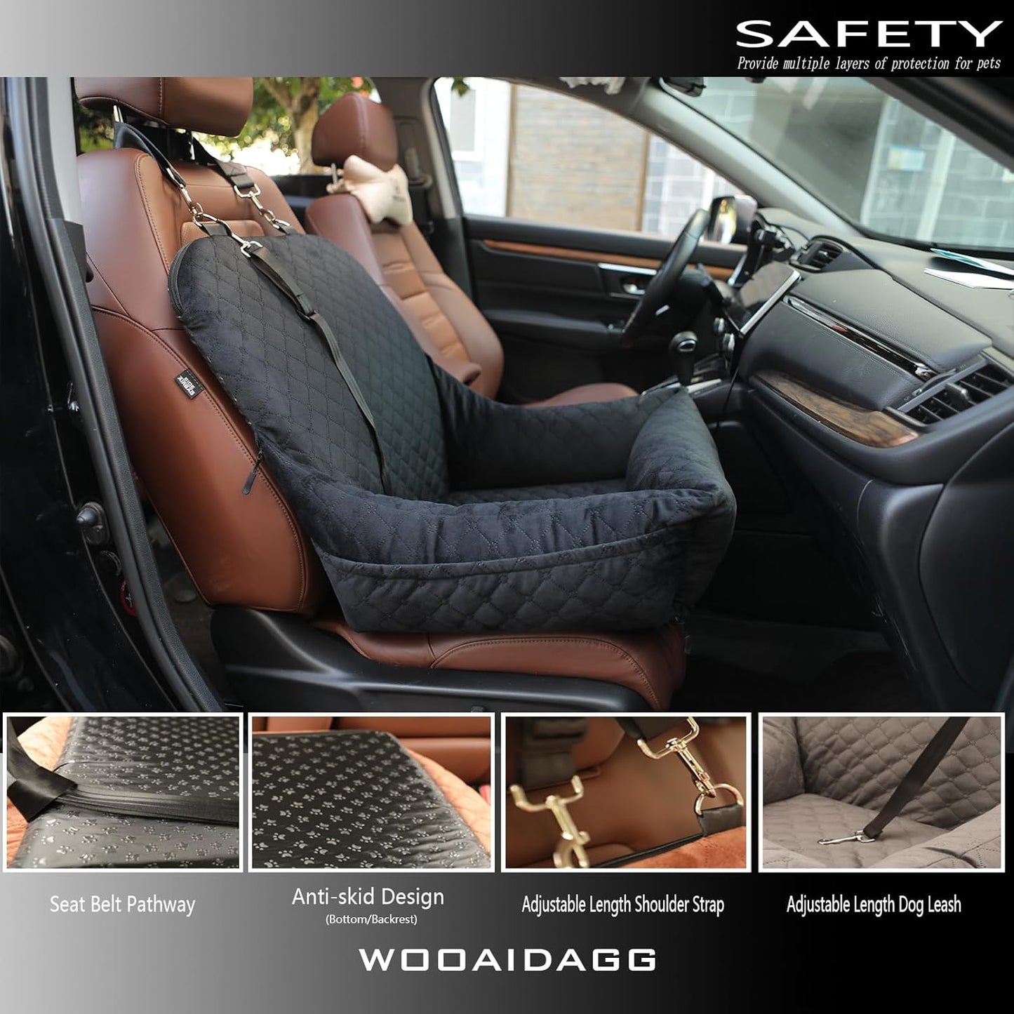 Dog Car Seat for Small Dogs Up to 25 lbs,Covered Ultra-Soft Fabric and Fill in Memory Foam,Fully Detachable and Washable,2 Clip-On Safety Leashes and Storage Pockets(Black)