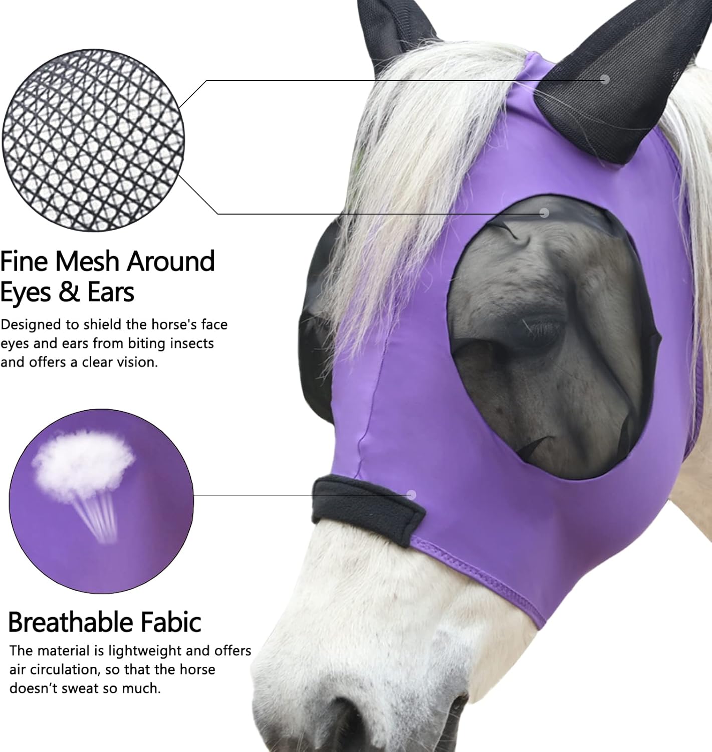 Horse Fly Mask with Ears - Large Eye Space for Full Vision, Breathable Stretch Comfort Fit, UV Protection, Forelock Opening, Easy Pull-On Violet Cob