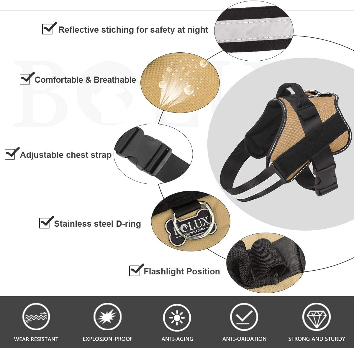 Bolux Dog Harness, No-Pull Reflective Dog Vest, Breathable Adjustable Pet Harness with Handle for Outdoor Walking - No More Pulling, Tugging or Choking (Army Yellow, L)