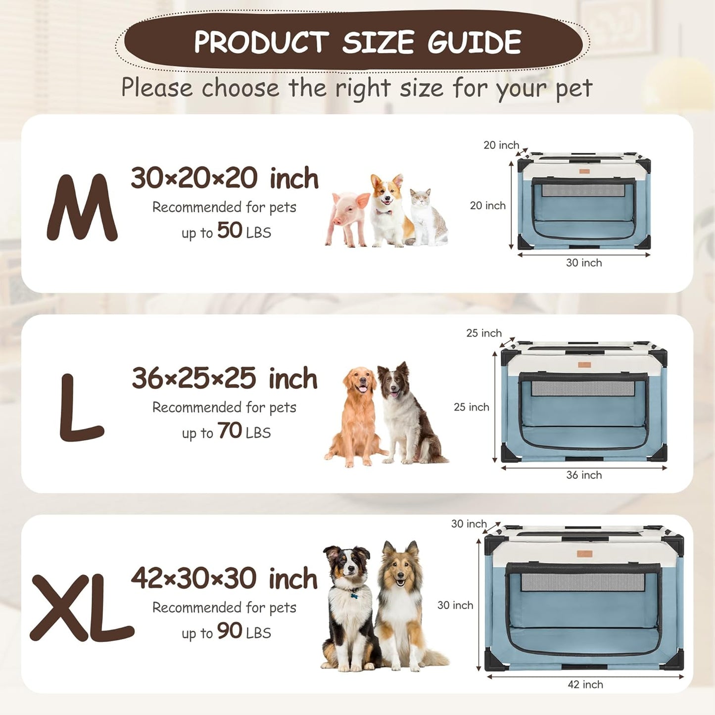 Dog Crate - Soft Pet Kennel for Dogs/Cats, 3-Door Breathable Travel Cage with Mesh Window, Portable Dog Kennel for Indoor & Outdoor, Blue-XL