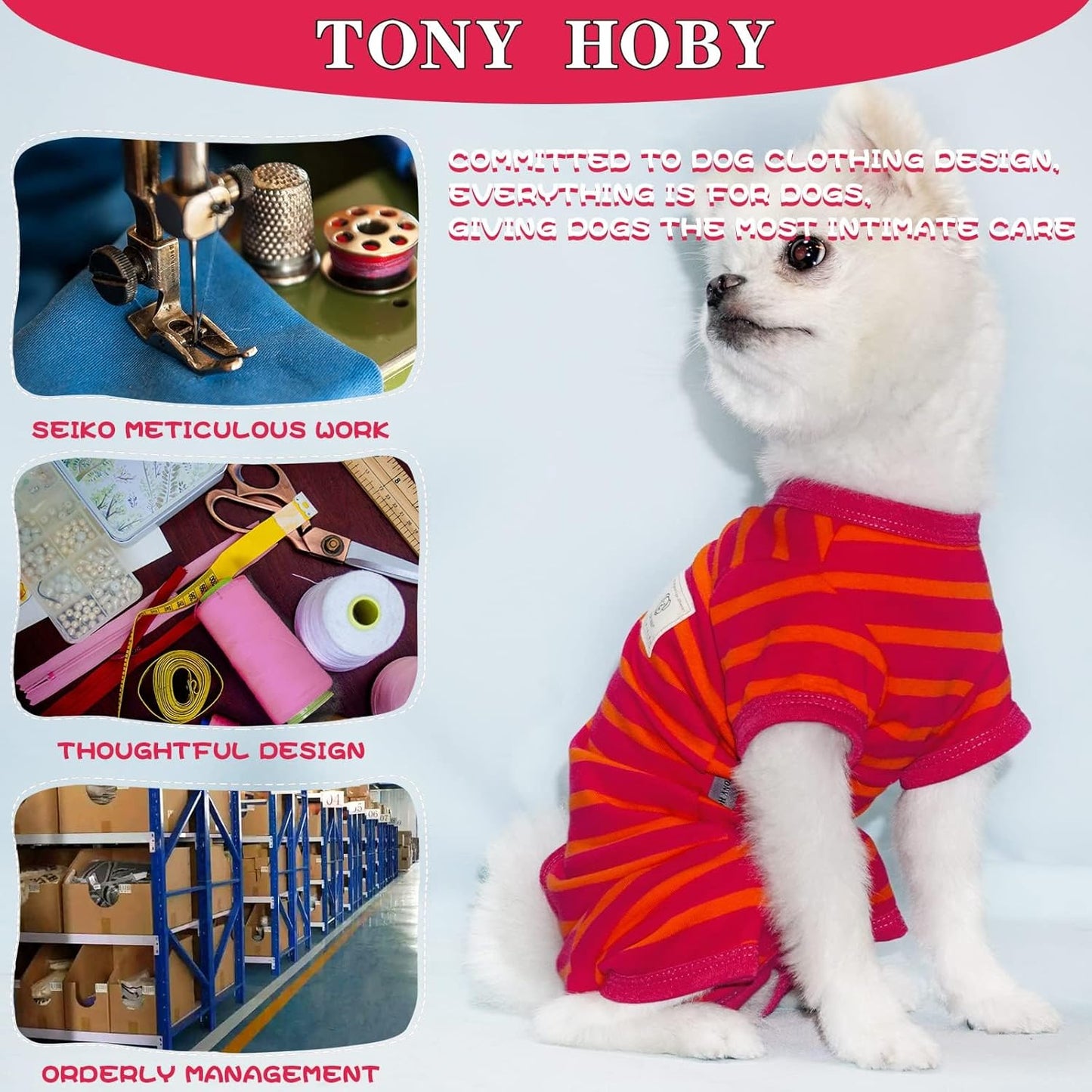 TONY HOBY Female/Male Dog Pajamas, Dog Jumpsuit 4 Legged Pajamas with Stripes, Soft Cotton for Comfortable Sleep (Rose Red&Orange, Boy, M)