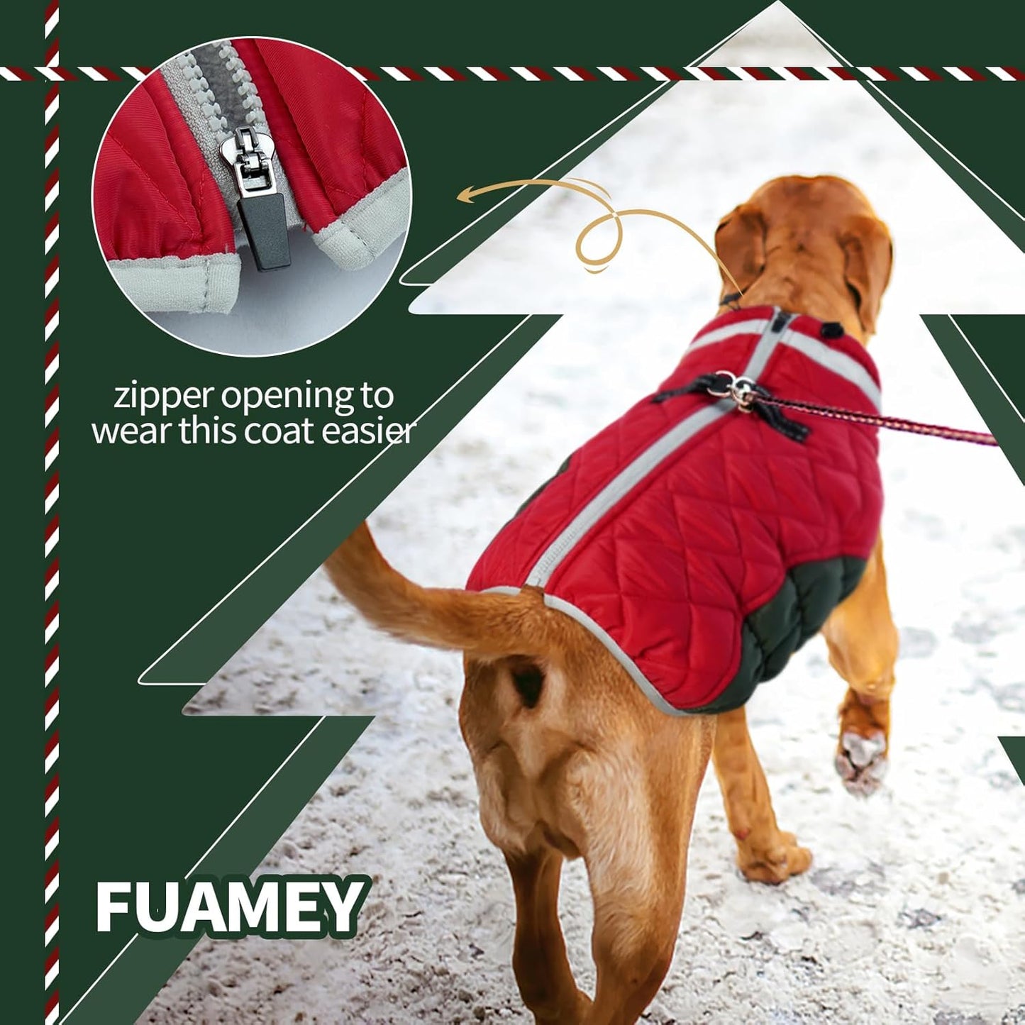 FUAMEY Dog Coat for Small Dogs,Waterproof Dog Winter Jacket with Harness Built in Puppy Cold Weather Coats Reflective Pet Vest with Zipper Warm Fleece Dogs Snowsuit Windproof Christmas S