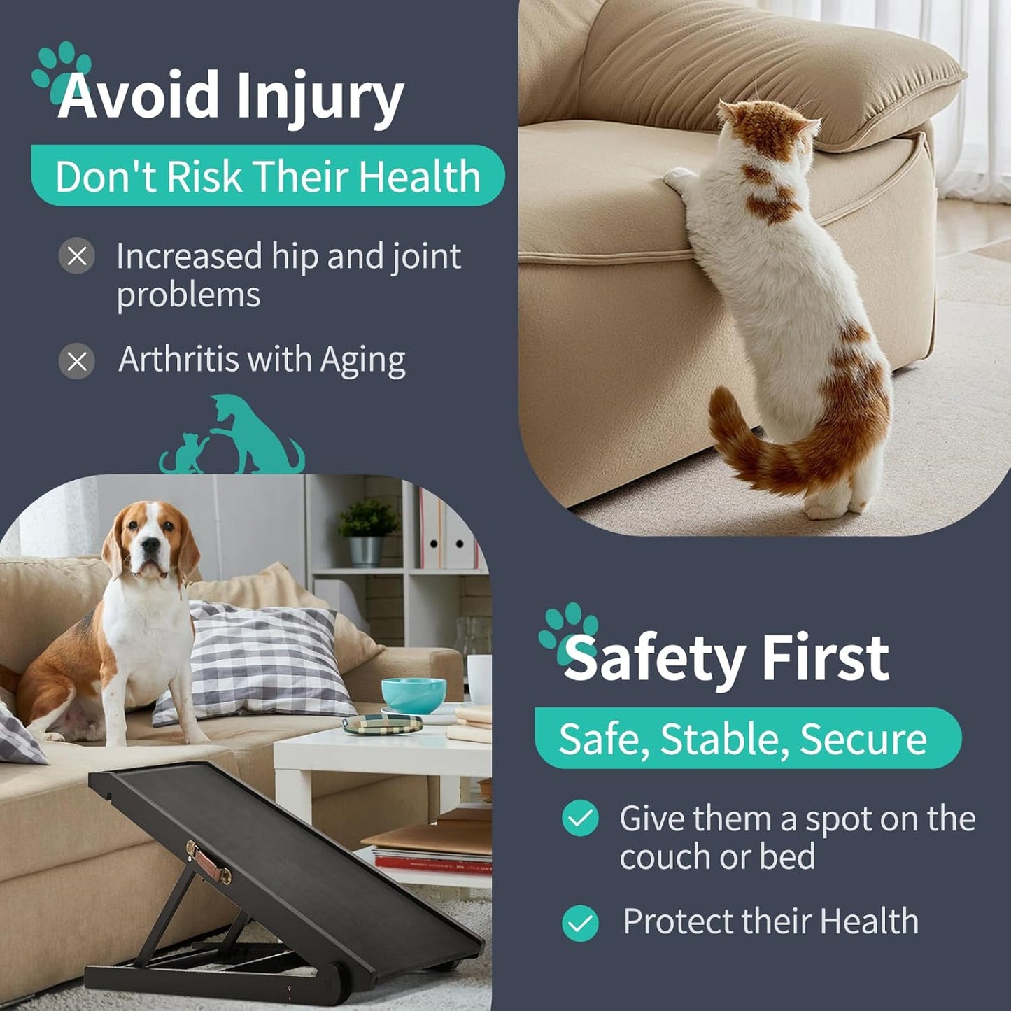 Dog Ramp, Adjustable Height Wooden Folding Pet Ramp for Bed, Couch,SUV-High Traction, Portable Paw Ramps for Small & Large Old Dogs & Cats - Furniture Quality