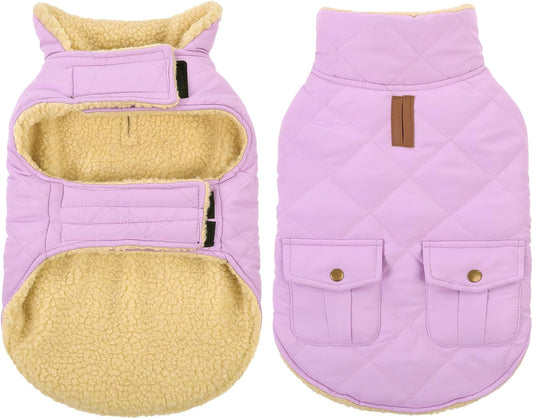 Queenmore Warm Dog Coat, Cold Weather Puffer Dog Coat Vest, Quilting Winter Pet Jacket Ultra Thick Plush Fleece Lining Pet Clothes for Dogs with Storage Pockets (Lilac, X-Small)