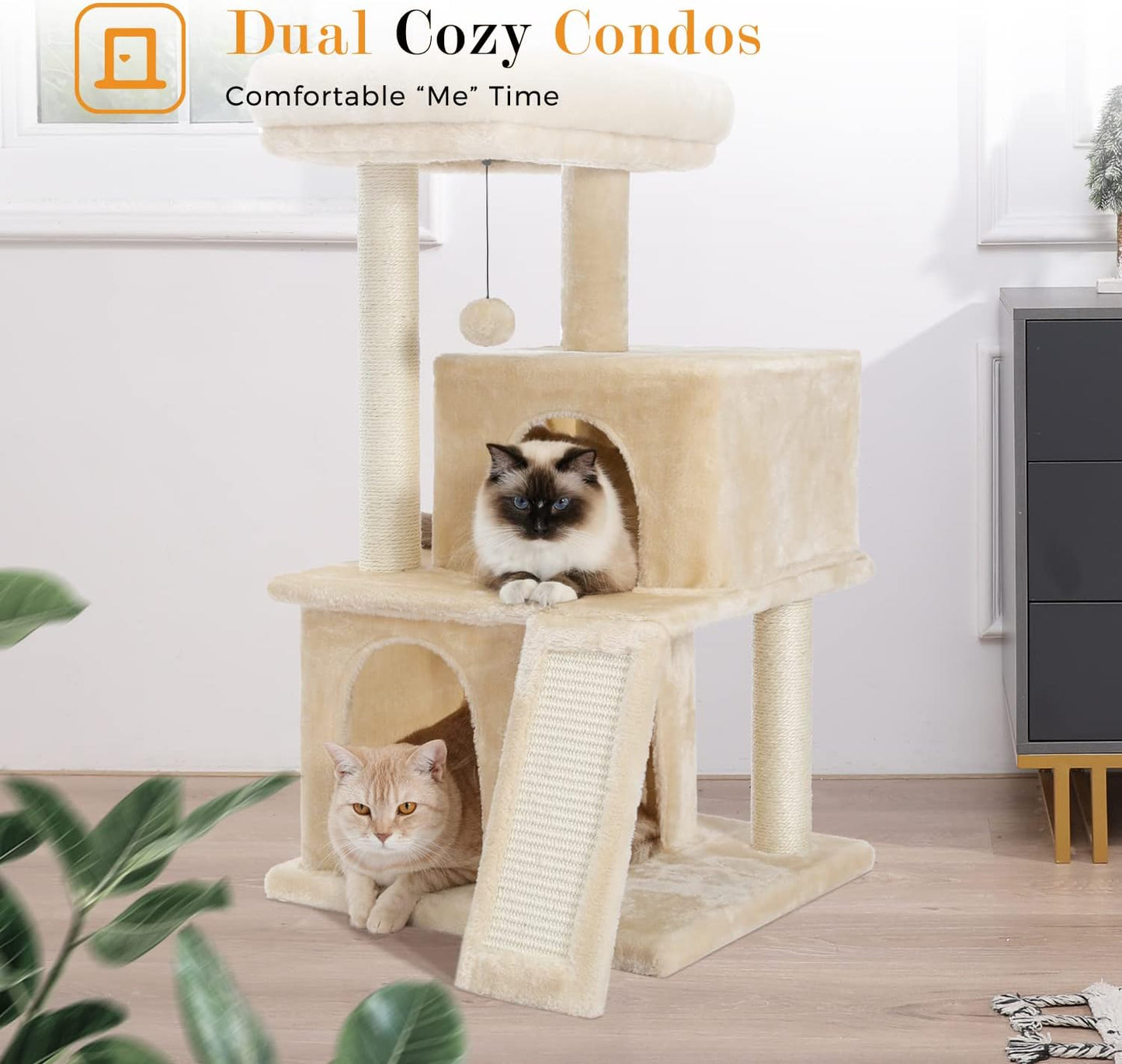 PAWZ Road Cat Tree Luxury Cat Tower with Double Condos, Spacious Perch, Fully Wrapped Scratching Sisal Posts and Replaceable Dangling Balls Beige
