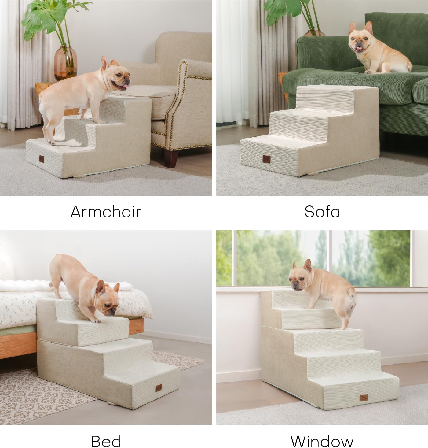Dog Stairs for Bed, Dog Steps for Bed Couch Sofa, 35D Foam Pet Steps for Small Dogs and Cats, Extra Wide Pet Stairs with Non-Slip Bottom Beige, 3 Steps