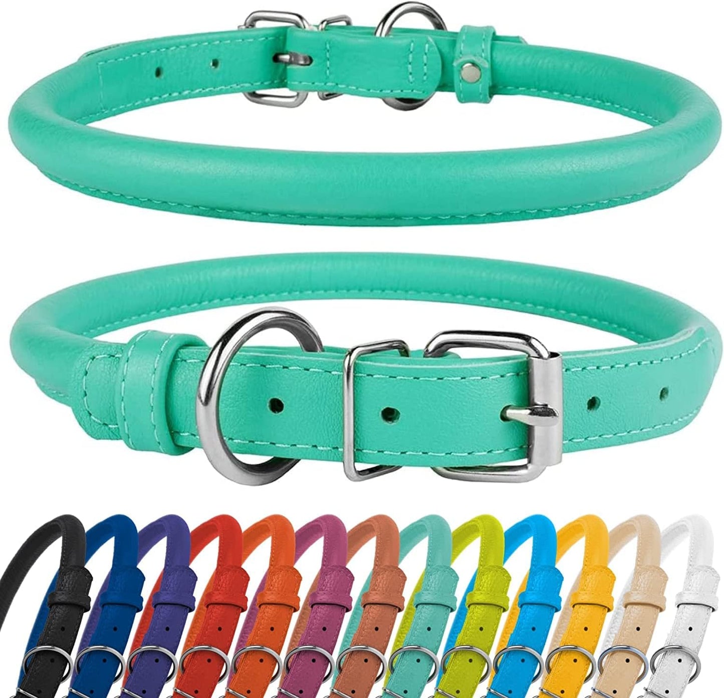 CollarDirect Rolled Leather Dog Collar, Soft Padded Round Puppy Collar, Handmade Genuine Leather Collar Dog Small Large Cat Collars 13 Colors (11-14 Inch, Mint Green Textured)