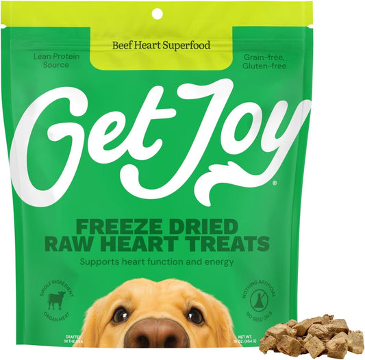 Get Joy Freeze Dried 100% Beef Heart Dog Treats, 16oz | Single Ingredient Organ Meat, High Protein Raw Dog Food Topper, Snack & Training Rewards | Grain Free, Gluten Free, Filler Free
