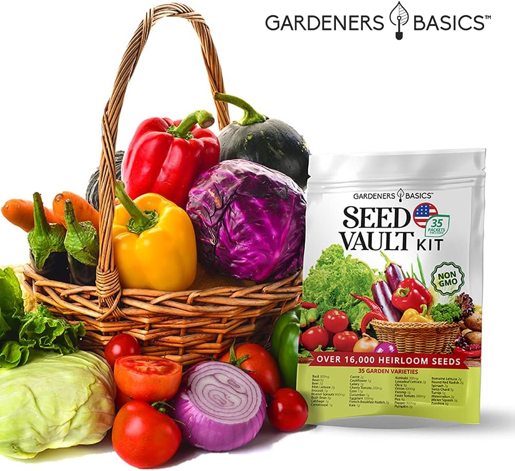 Gardeners Basics Survival Vegetable Seeds Garden Kit Over 16,000 Seeds Non-GMO and Heirloom, Great for Emergency Bugout Survival Gear 35 Varieties Seeds for Planting Vegetables 35 Free Plant Markers