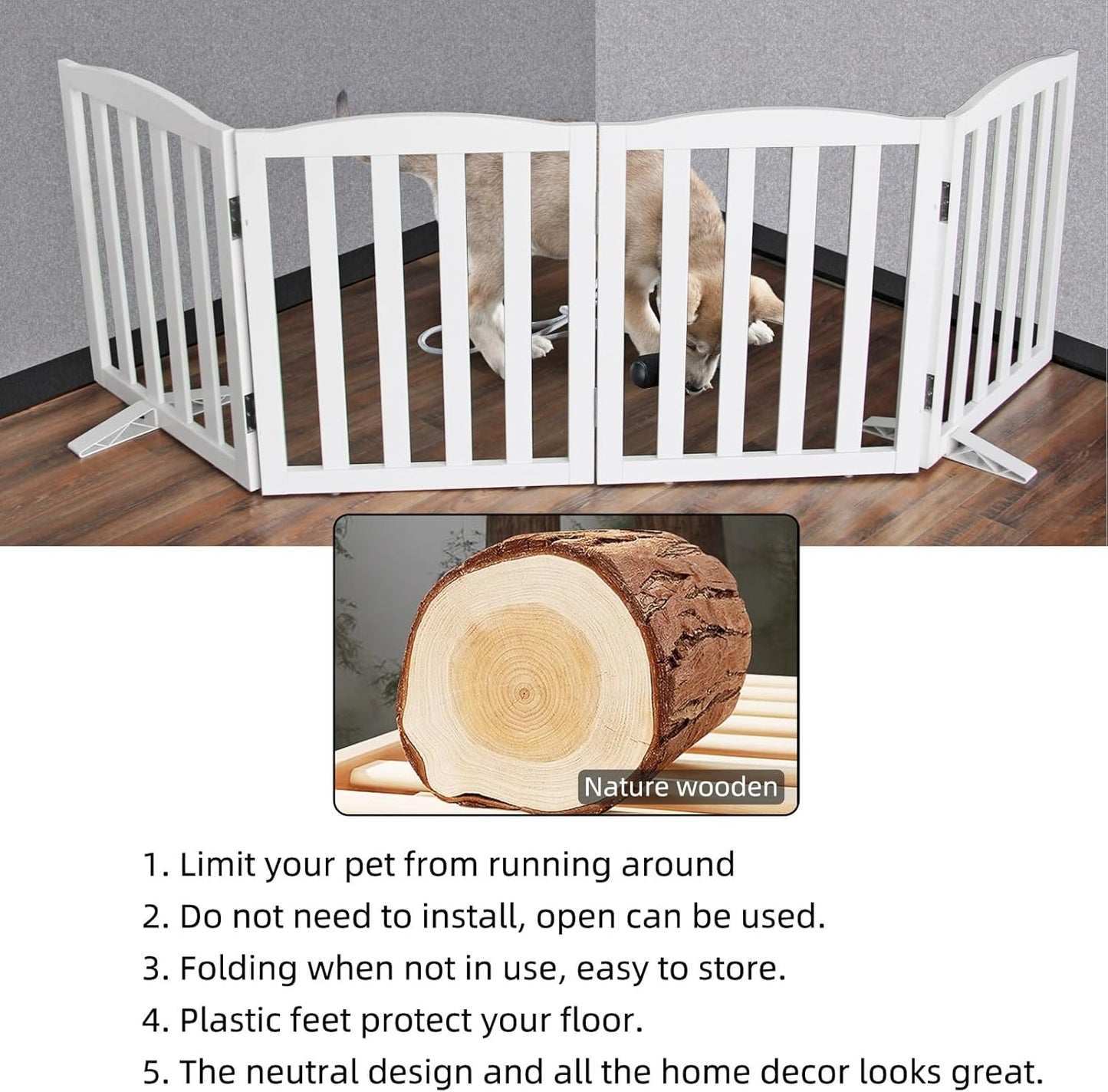 ZJSF Foldable Freestanding Indoor Dog Gate for House Wood White Long Pet Gates Dog Fence for Stairs Puppy Gates for Hallways, Puppy Gate,Support Feet Included 32 "Height-4 Panels