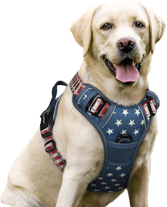 rabbitgoo Dog Harness No Pull with 2 Leash Clips, Adjustable Soft Padded, Reflective Oxford No Choke Pet Vest with Easy Control Handle for Large Dogs, Blue Star, L