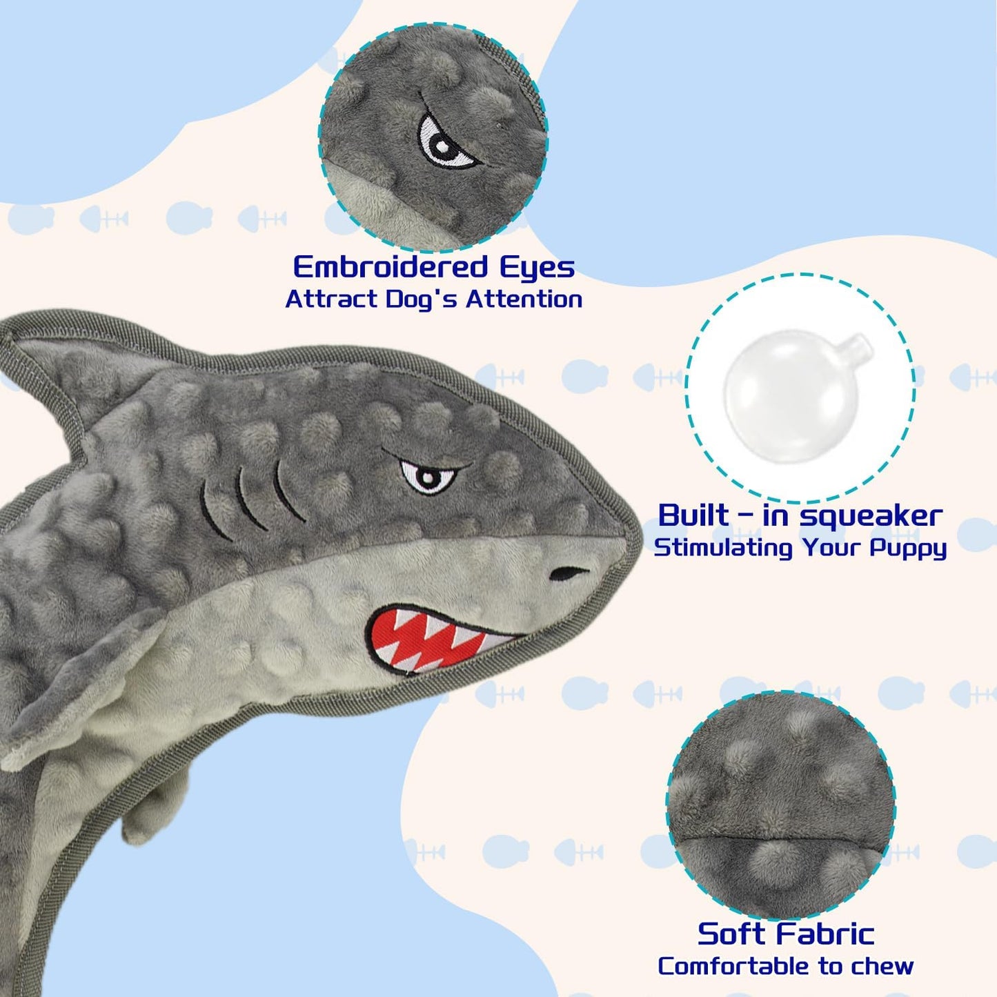 Dog Toy Squeaky Chew Dog Toys No PP-Cotton,no Stuffed for Small, Medium, Large Breed Dogs Interactive Hours of Fun,Gray-Shark