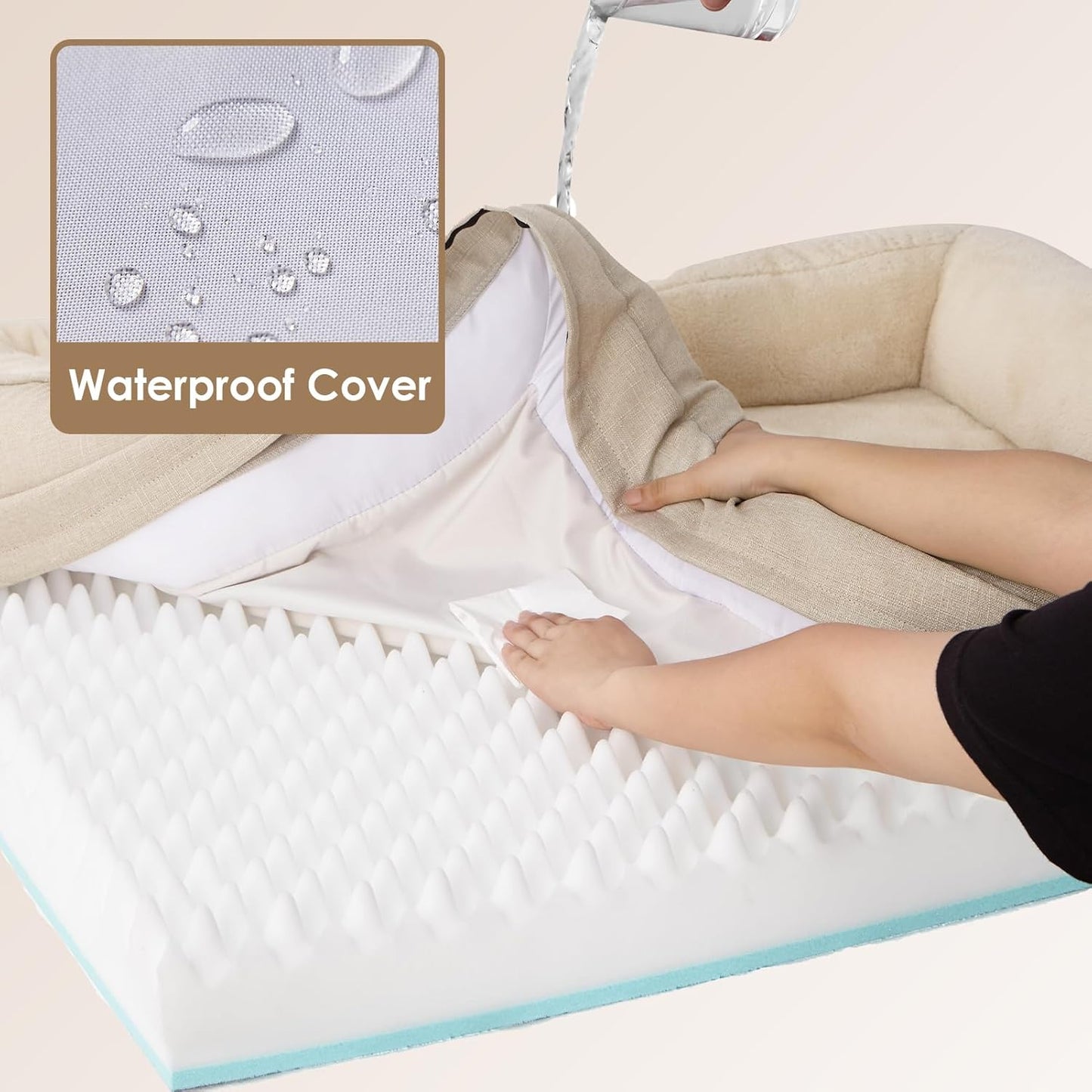 EHEYCIGA Memory Foam Dog Bed for Large Sized, Orthopedic Dog Sofa with Sides and Waterproof Liner, Washable Bolster Pet Bed Couch with Removable Cover, 36x27x7 Inch, Beige