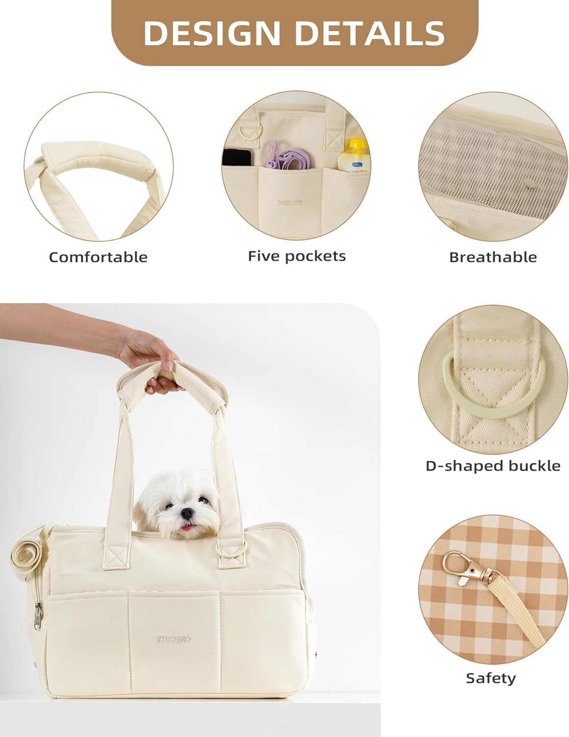 Dog Purse Carrier for Small Dogs Rabbit cat with Large Pockets, Cotton Bag, Dog Carrier Soft Sided, Collapsible Travel Puppy Carrier (Beige, 13.6" L x 6.5" W x 10" H)