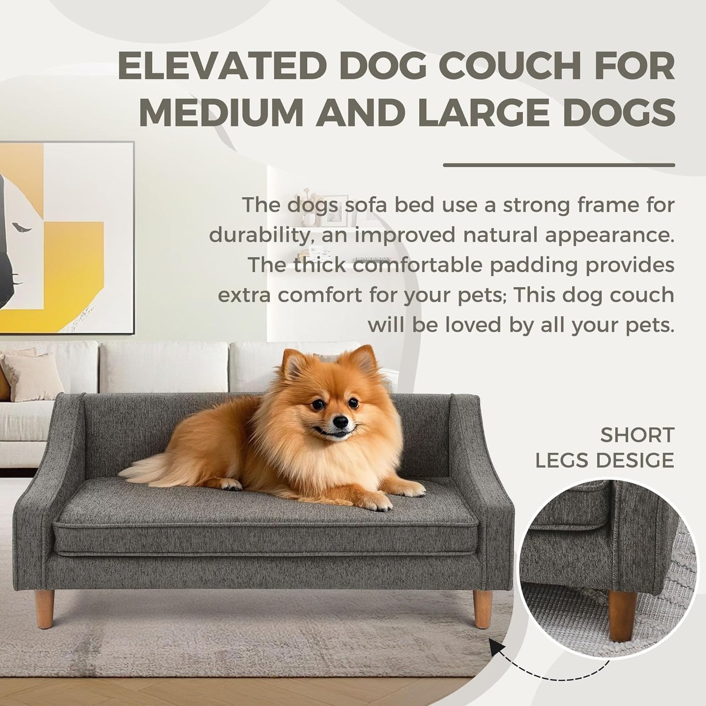 Dog Sofa Couch for Medium to Large Dogs, Durable Pet Sofa with Washable Fabric, Elevated Mini Dog Bed with Wooden Legs for Medium and Large Dogs, Dark Grey
