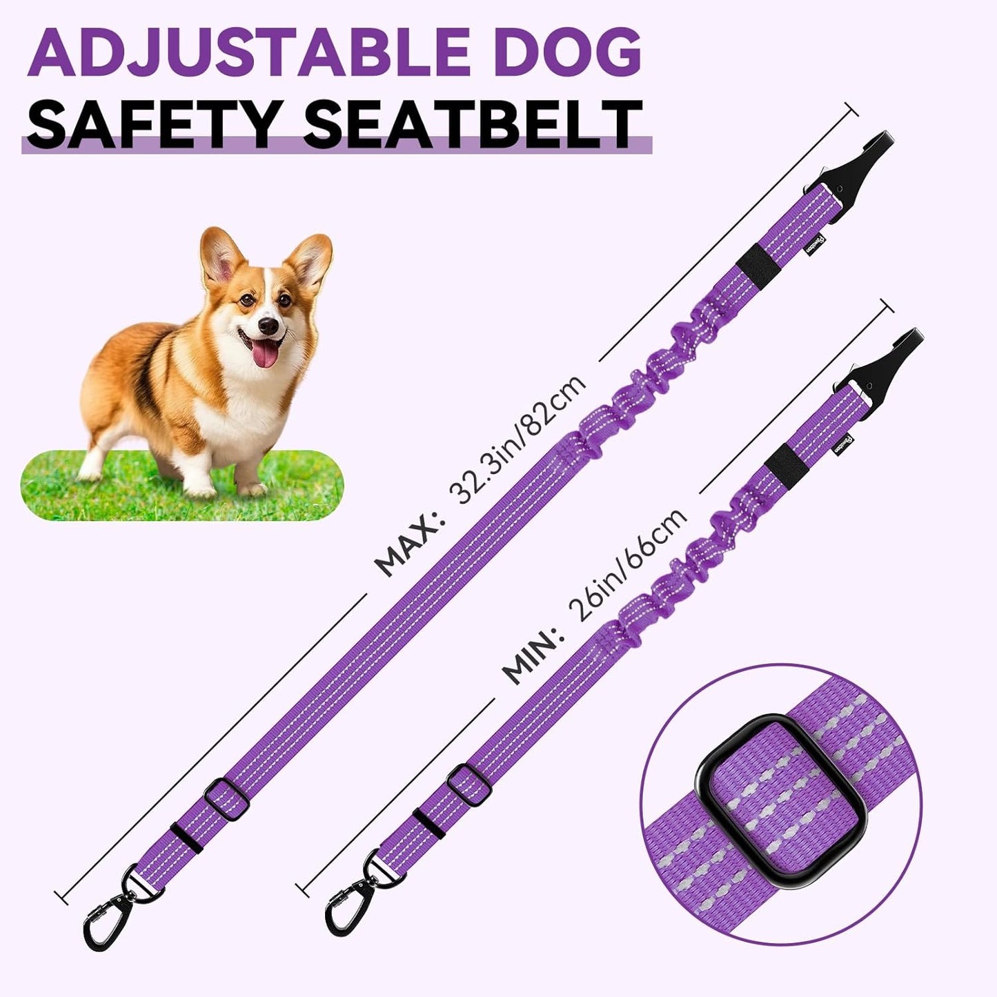 Pawaboo Dog Seatbelt for Car, 3-in-1 Dog Seat Belt Bungee, Shockproof Dogs Tether for Car with Buckle & Hook Latch, Adjustable Reflective Dogs Cars Harness Leash with 360° Lockable Buckle, Purple