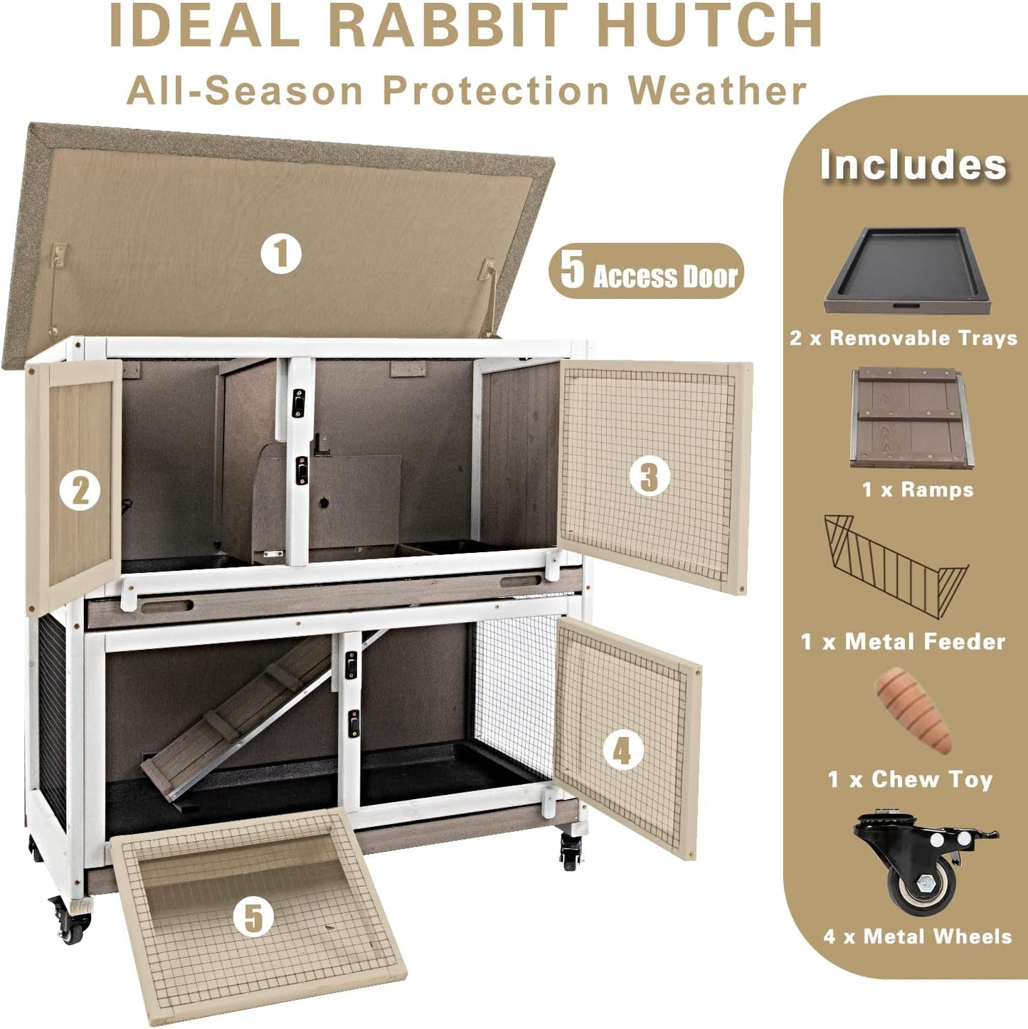 36" L Rabbit Hutch Indoor with 4 Metal Wheels, 2-Story Wooden Bunny Hutch Outdoor Bunny Cage, 2 Deeper Pull-Out Trays, Ramp, Rabbit Cage Guinea Pig Pet House for Small Animals