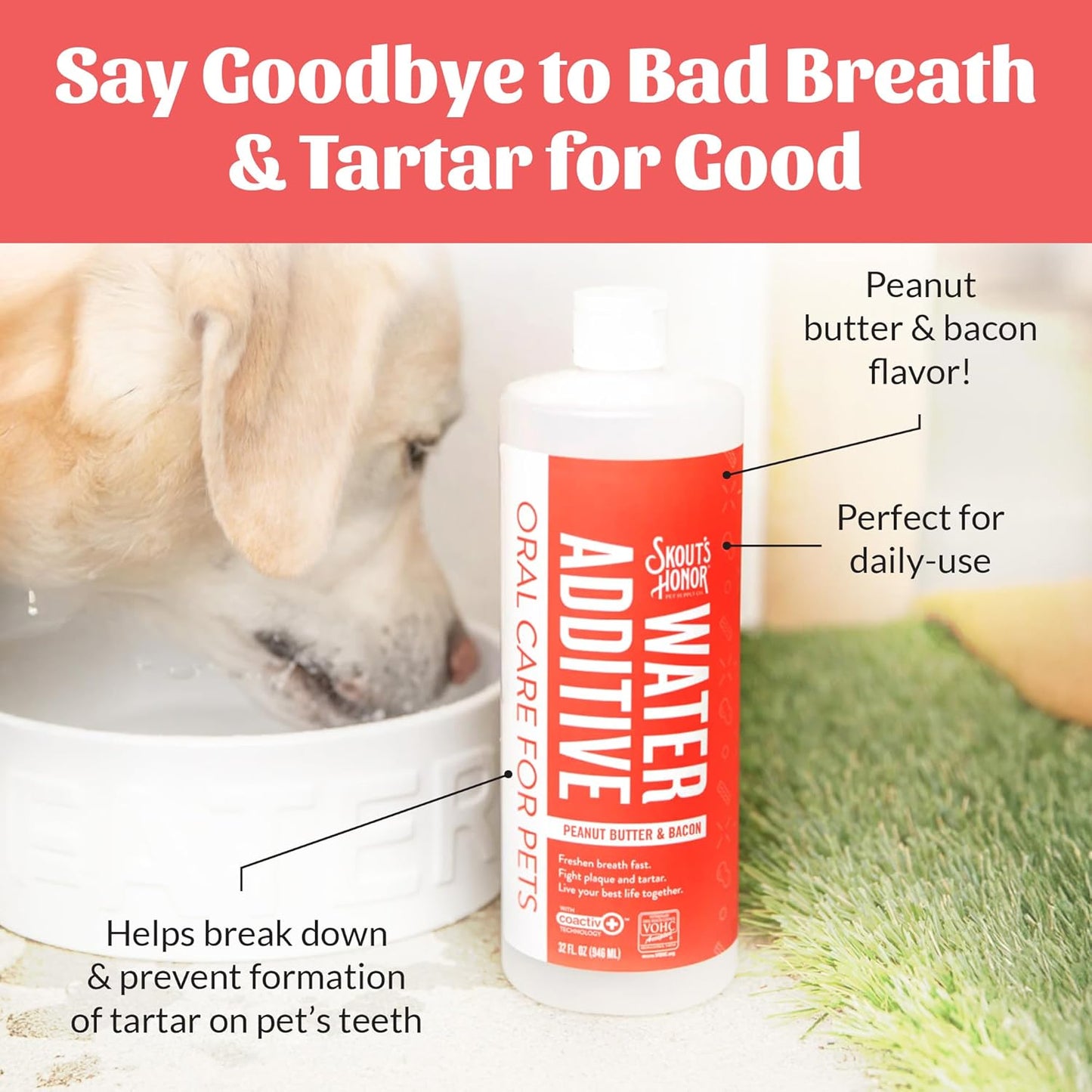 SKOUT'S HONOR Peanut Butter & Bacon Water Additive - VOHC Accepted for Tartar Control, Freshens Breath Fast, No Brushing Required, 32 oz, 2-Pack