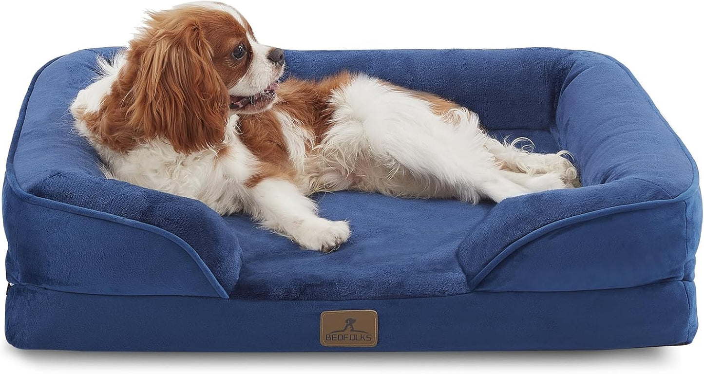 Bedfolks Orthopedic Dog Bed, Waterproof Dog Sofa Bed for Medium Dogs, Egg Foam Pet Couch Bed with Removable Washable Cover and Nonslip Bottom, Navy Blue