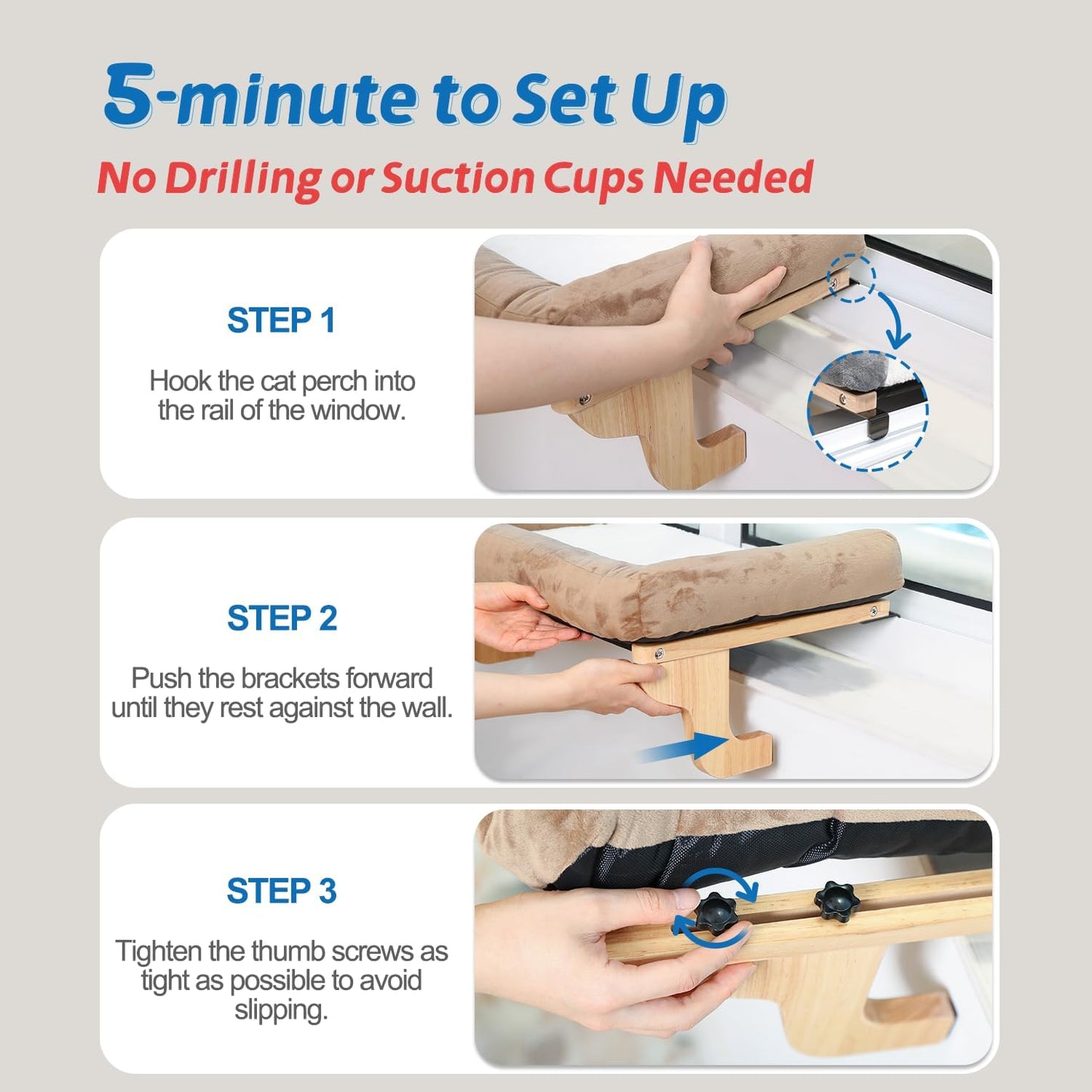 Cat Perch for Window Sill with Bolster - Orthopedic Hammock Design with Premium Hardwood & Robust Metal Frame - Cat Window Seat for Large Cats and Kittens - Natural Color Wood with Brown Bed