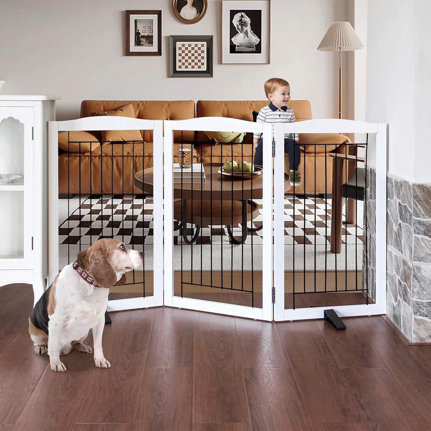 ZJSF Freestanding Dog Fence Indoor, Foldable Dog Gate for Doorways, Stairs or Hallways, Sturdy Wood Extra Wide Pet Gate with Support Feet for The House, White, 32 "Height-3 Panels