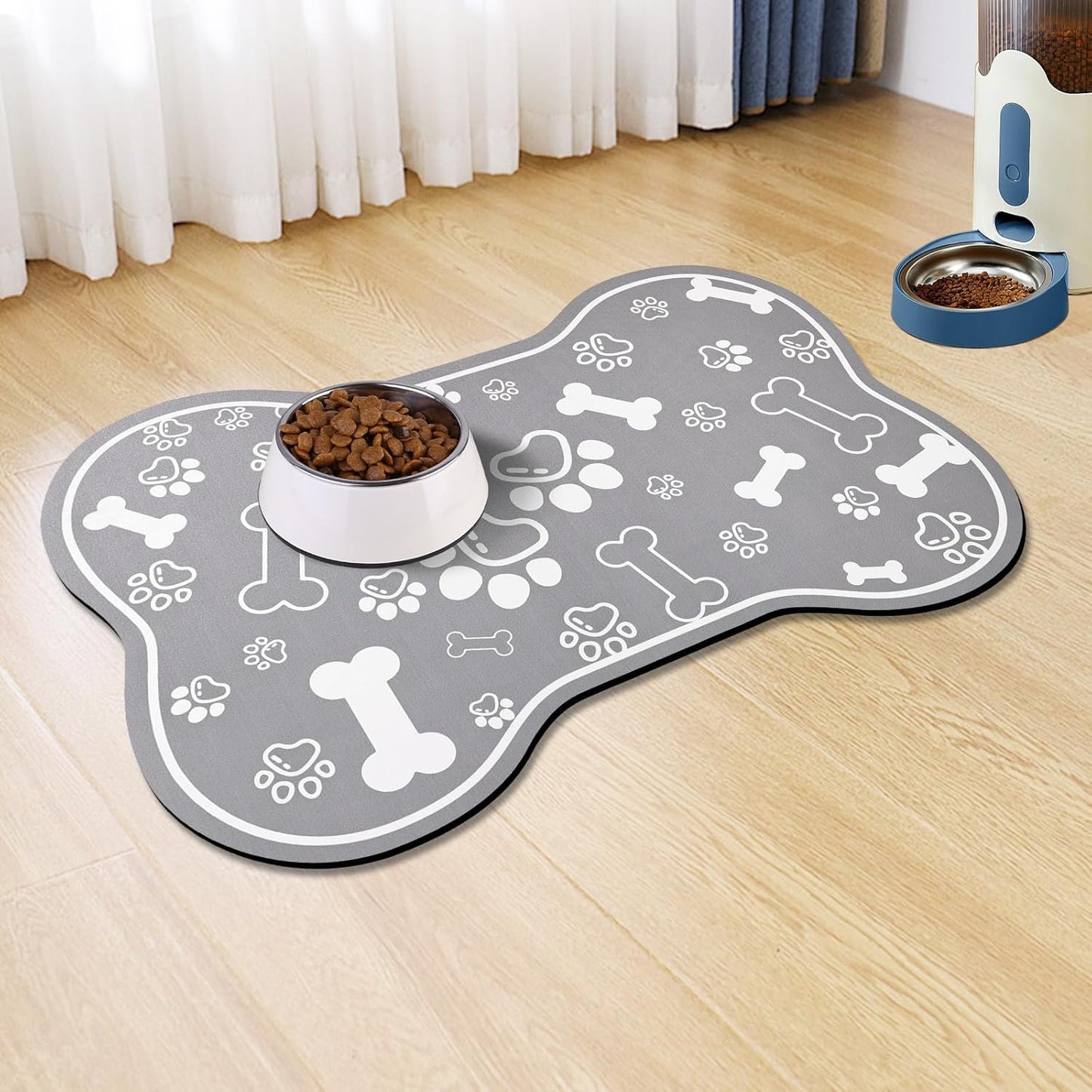 Dog Cat Food Mat,Rapid Absorbent Pet Feeding Mat, Bone Shaped Dog Placemat Water Bowl Mat with Rubber Backing,No Stains Dog Cat Food Mats Indoor, Pet Accessories Supplies 16"×24" Grey