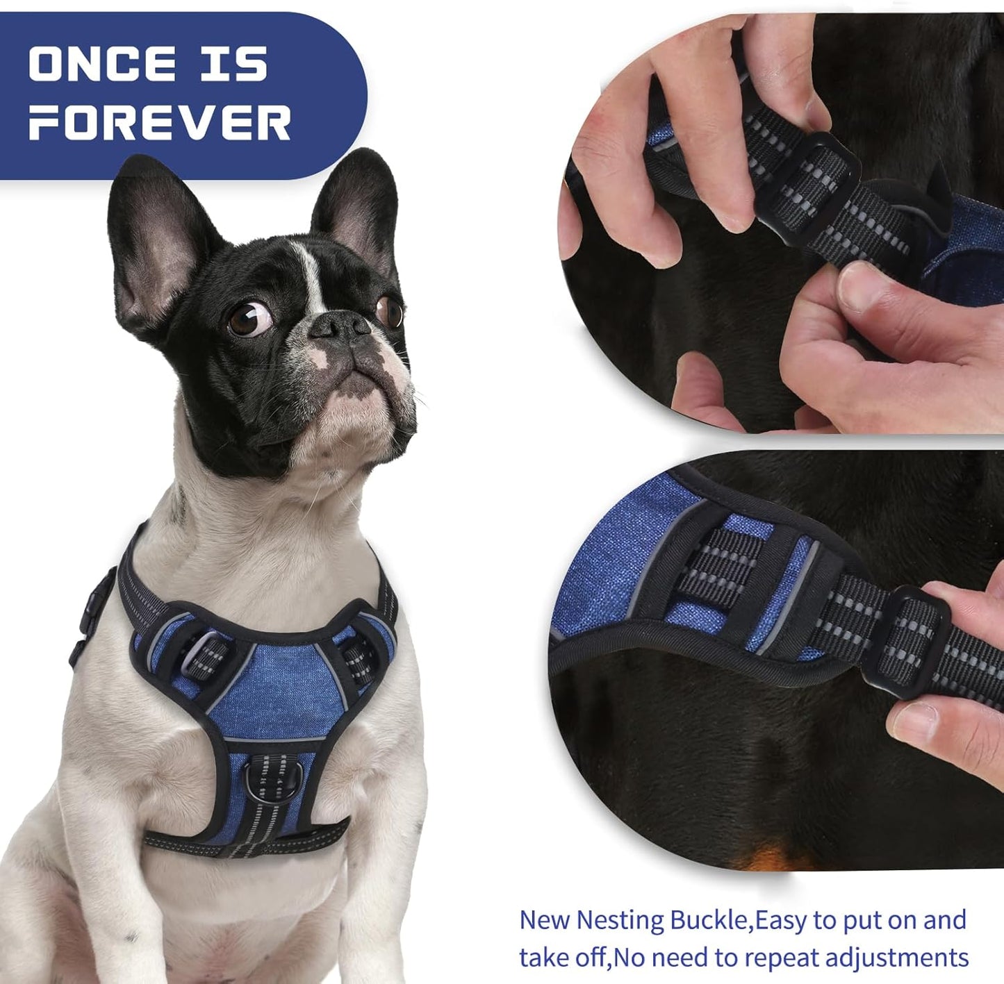 BUMBIN Dog Harness for Large Dogs, No Pull Adjustable No Choke Pet Vest with Dog Leash Fit Smart Reflective Pet Walking Harness for Training Easy Control Soft Handle Denim Blue M