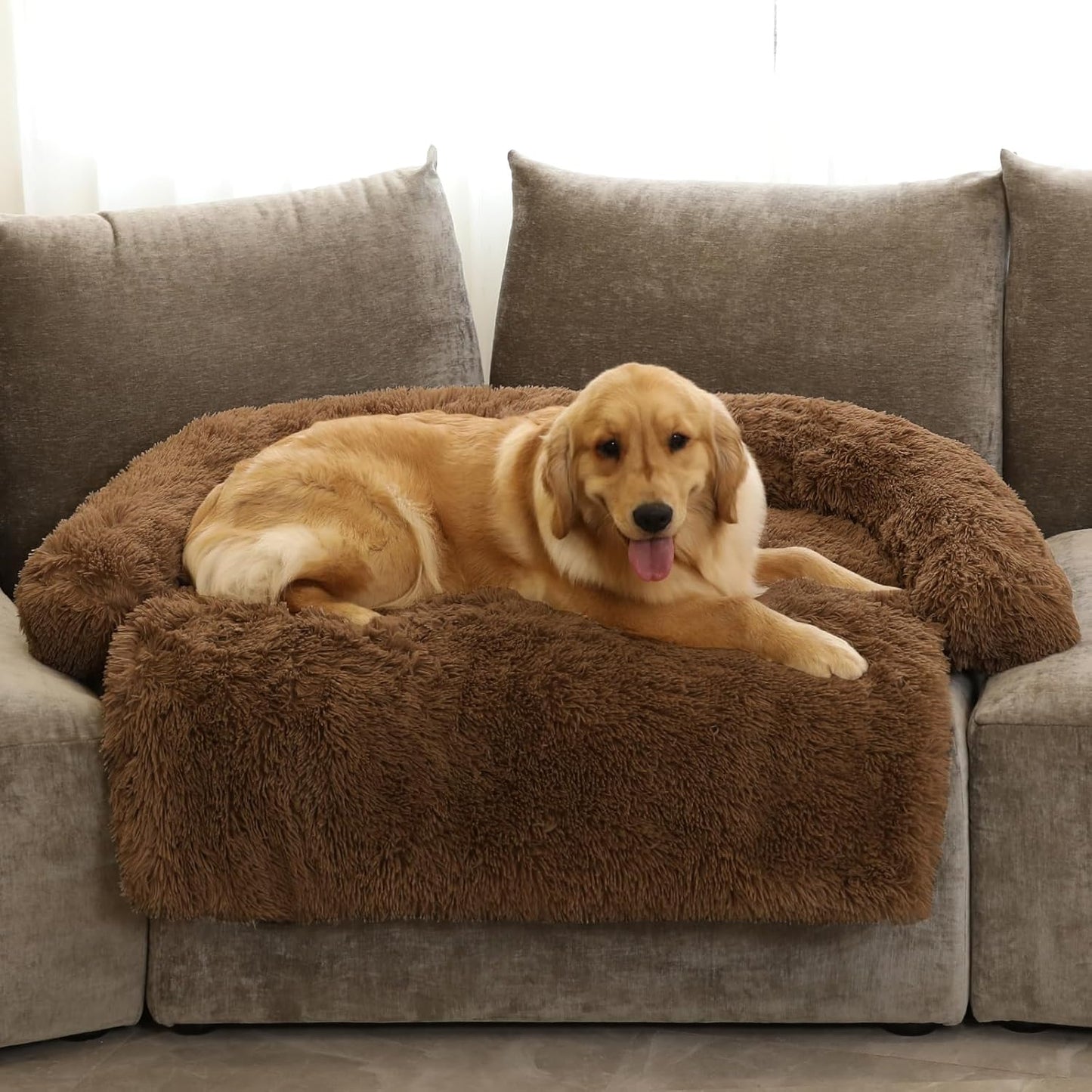 GGIB Calming Dog Bed Fluffy Plush Dog Mat for Furniture Protector with Removable Washable Cover for Large Medium Small Dogs and Cats (Extra Large (53x39.3x6), Brown)