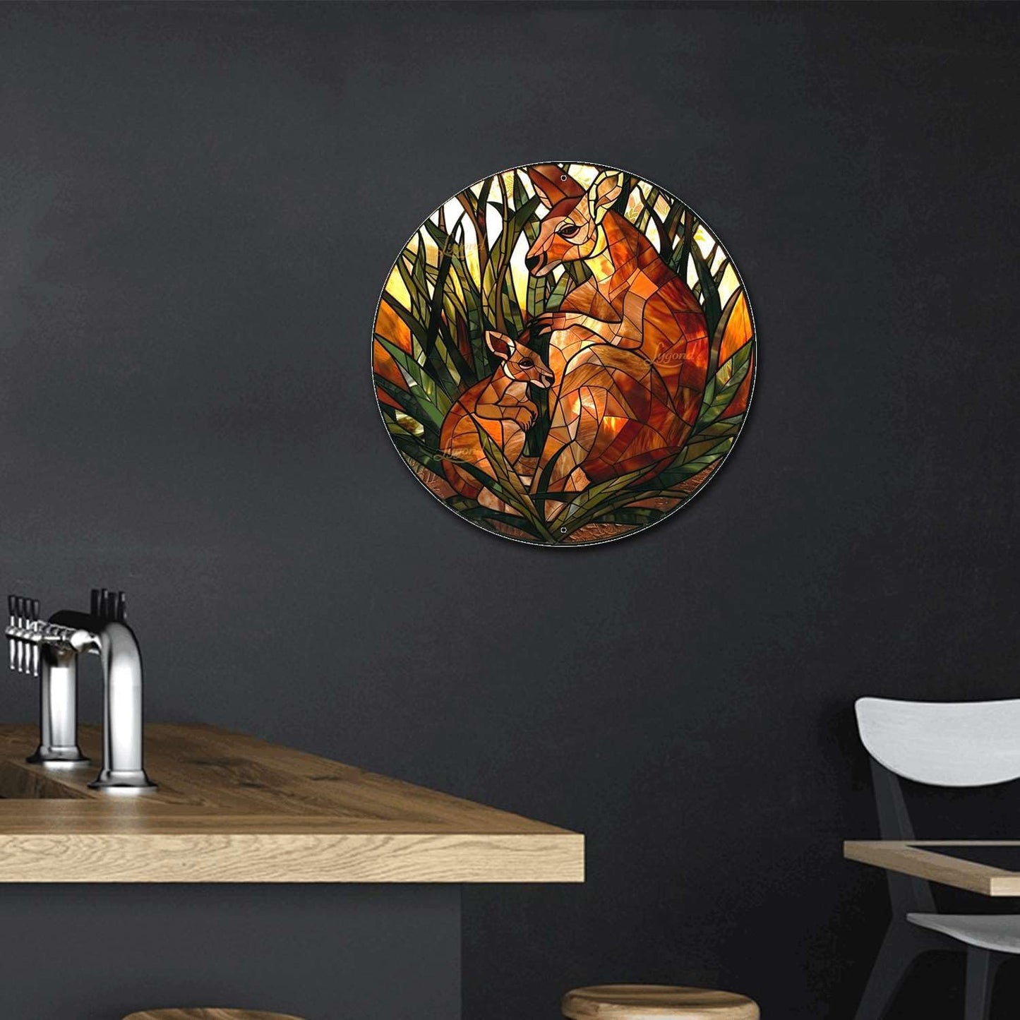 Lygond Metal Sign Tin Sign Circular Stained Glass Kangaroo Funny Bathroom Decor For Club 8×8 Inches