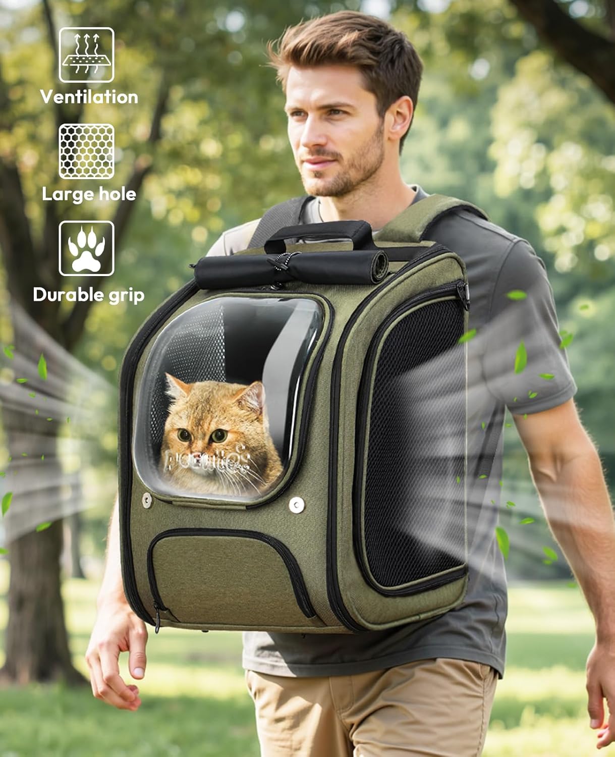 Pecute Cat Backpack Carrier, Large Space Cat Bubble Backpack, Breathable Cat Carrier, Shaded Dog Backpack Carrier, Ergonomic 3D Design for Travel, Hiking, Suitable for Shopping, and Vet, Green