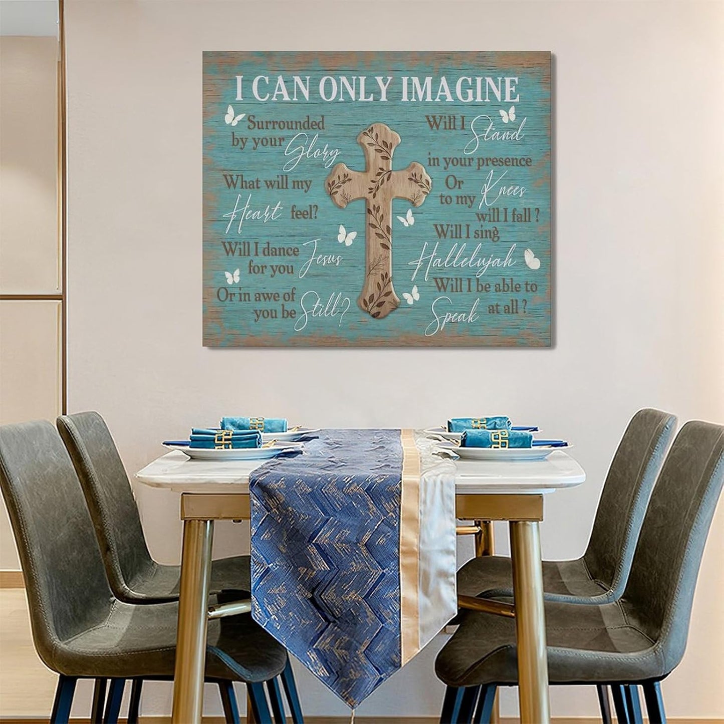 Rustic Christian Cross Wall Art I Can Only Imagine Pictures Farmhouse Butterfly Wall Decor Teal Motivational Canvas Print Painting Artwork for Bathroom Living Room Bedroom 20"x24"