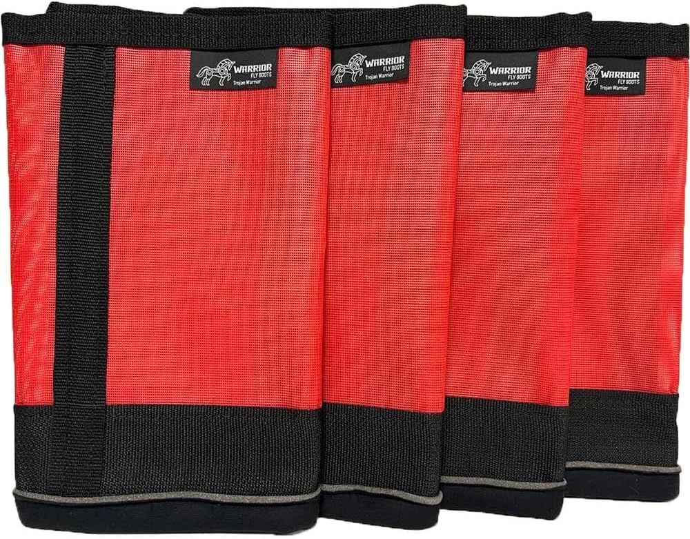 Warrior Fly Boots for Horses - Breathable Mesh Horse Boots for Fly Protection & Leg Comfort - Set of 4 (Trojan Warrior, Red)