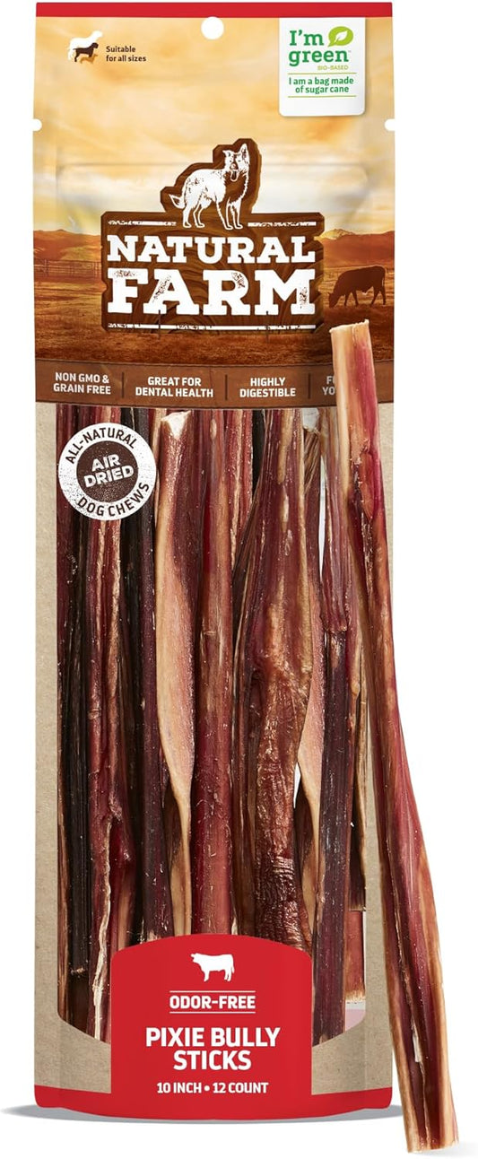 Natural Farm Pet Pizzle Bully Sticks (10 Inch, 12 Pack), Pixie Chew, Extra-Thin Pet Treats - Grain-Free, High Protein, Best Rawhide Alternative for Small, Puppies or Senior Dogs