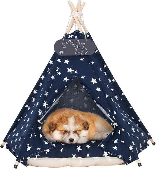 Pet Teepee Tent for Dogs & Cats Dog Bed with Thick Cushion Puppies Play House Removable and Washable 20x20x24Inch