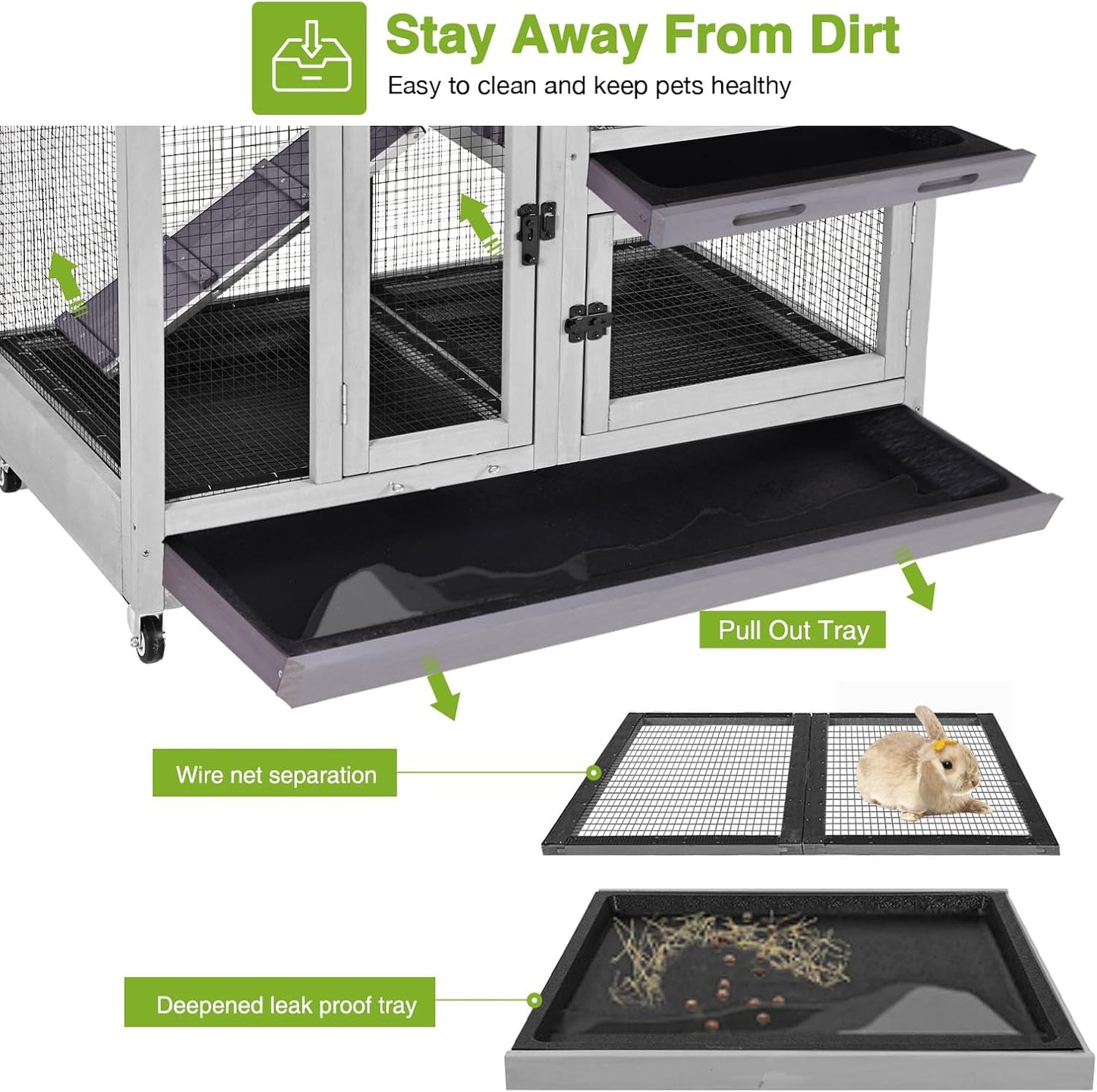 GUTINNEEN Two-Story Rabbit Hutch Large Bunny Cage with Wire Mesh Floor, Leak-Proof Trays, Lockable Wheels for Indoor and Outdoor Use, 40.6" L x 26" W x 37.6" H