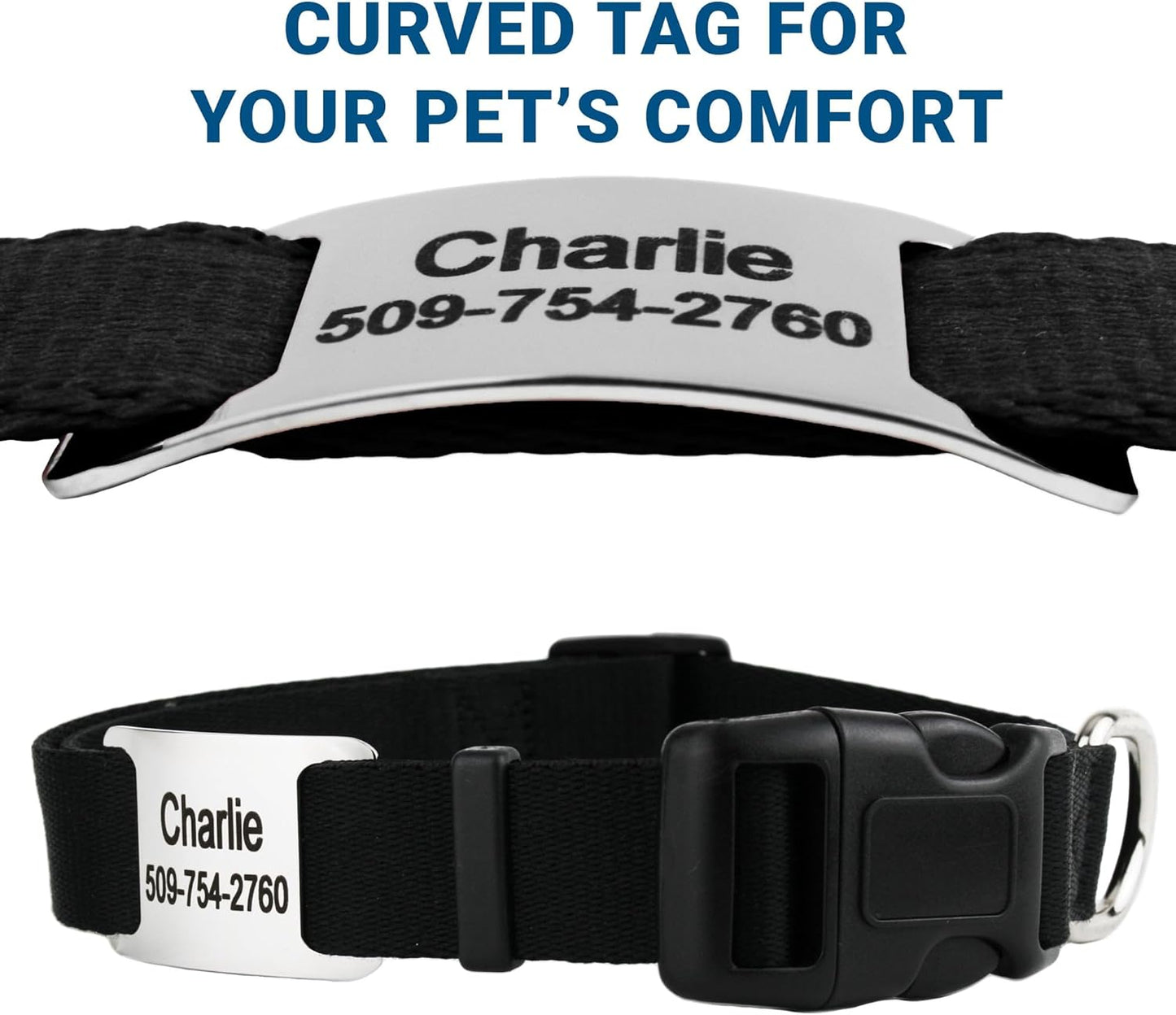 GoTags Reflective Personalized Dog Collar with Nameplate, Adjustable Dog Collar with Custom Engraved Steel Slide On Pet ID Tag, Silent, No Noise Dog Tag for Large Medium or Small (Light Gray, Large)