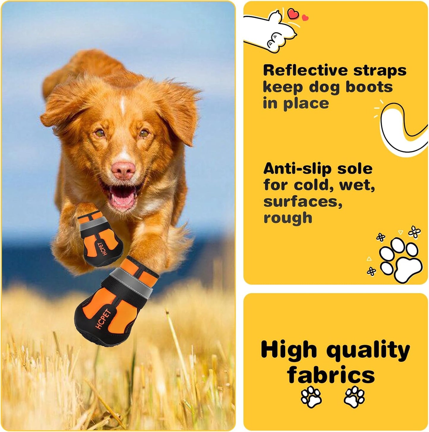 Hcpet Dog Shoes, Dog Boots for Large Dogs, Waterproof Dog Booties Paw Protector for Summer Hot Pavement, Winter Snowy Day, Outdoor Walking, Indoor Hardfloors Anti Slip Sole Orange Size 7