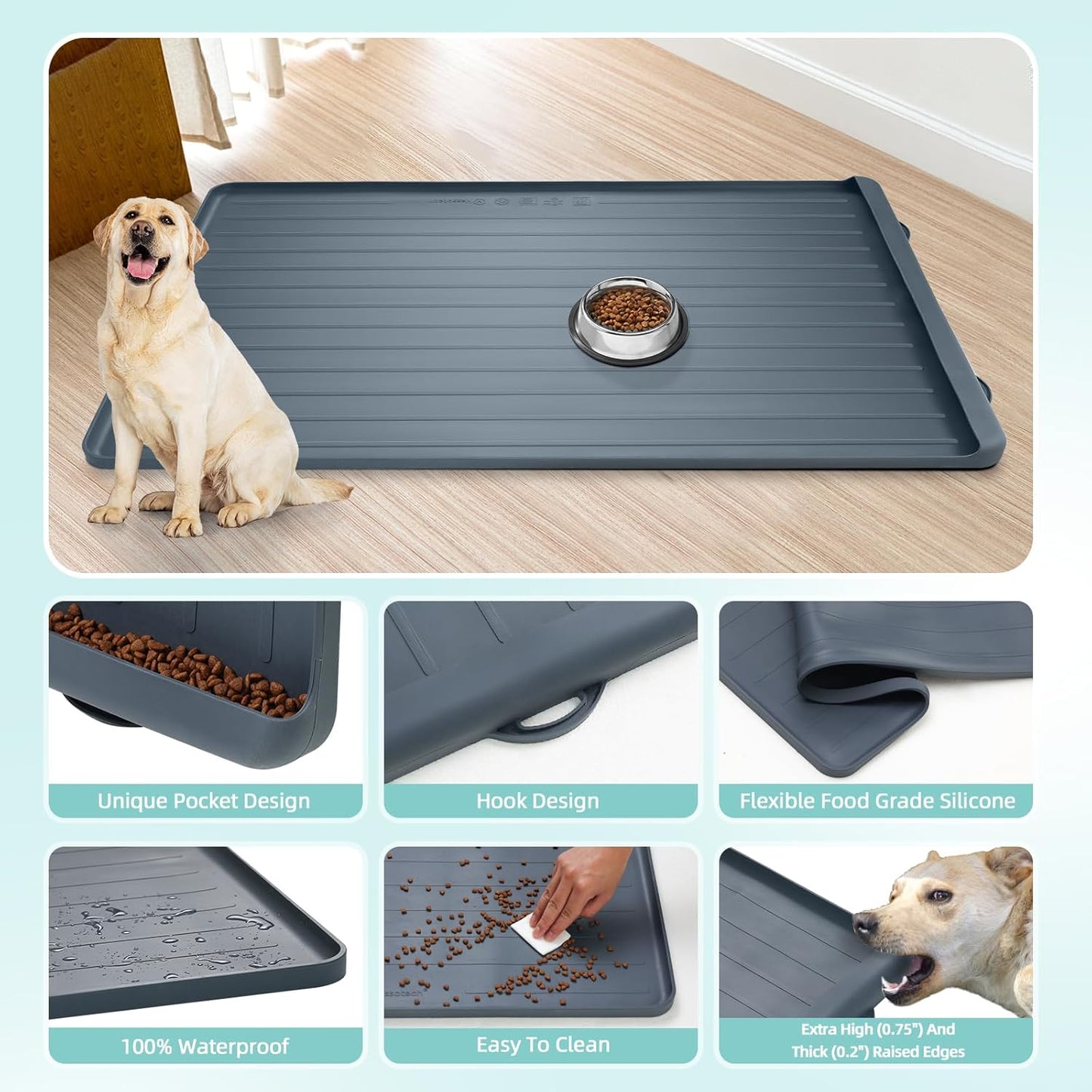 Dog Mat for Food and Water - 39.4" x 27" Large Pet Feeding Mats with Residue Collection Pocket - Waterproof Dog Cat Bowl Mat with High Edges to Prevent Water and Food Spills (Dark Grey)