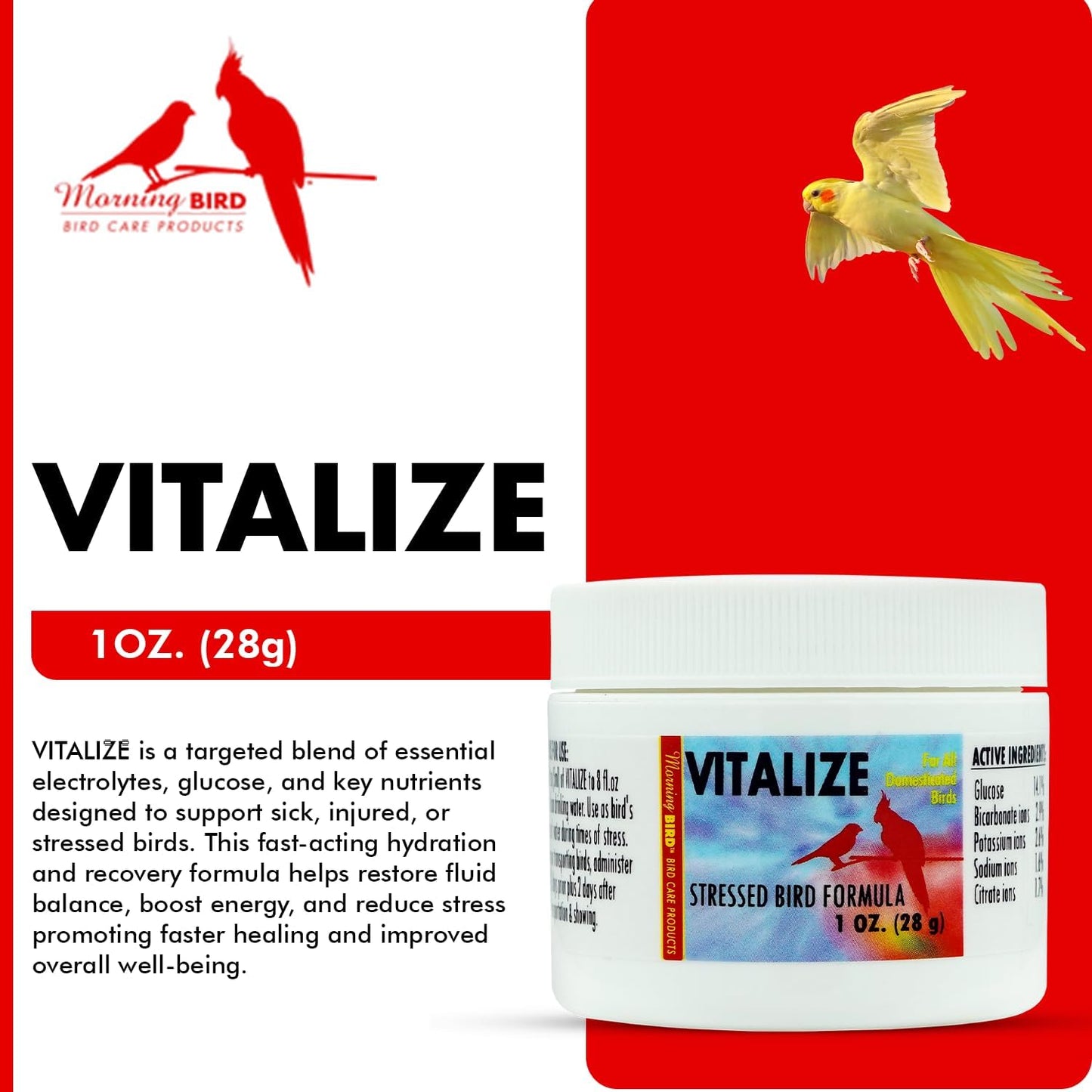 Morning Bird Vitalize, Supplement for Sick, Injured, or Stressed Caged Birds; Dehydration and Exhaustion Treatment for Parakeets, Cockatiels, Budgies, Finches, Canaries, and Parrots, 1 oz