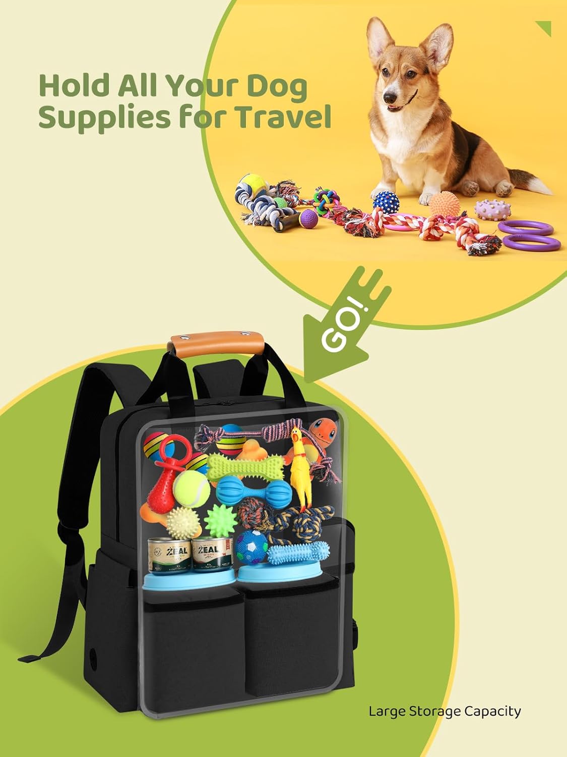 Dog Travel Bag, 25L Airline Approved Dog Travel Backpack for Pet Travel Accessories with 2 Food Storage Containers, 2 Foldable Bowls for Short Trips, Black