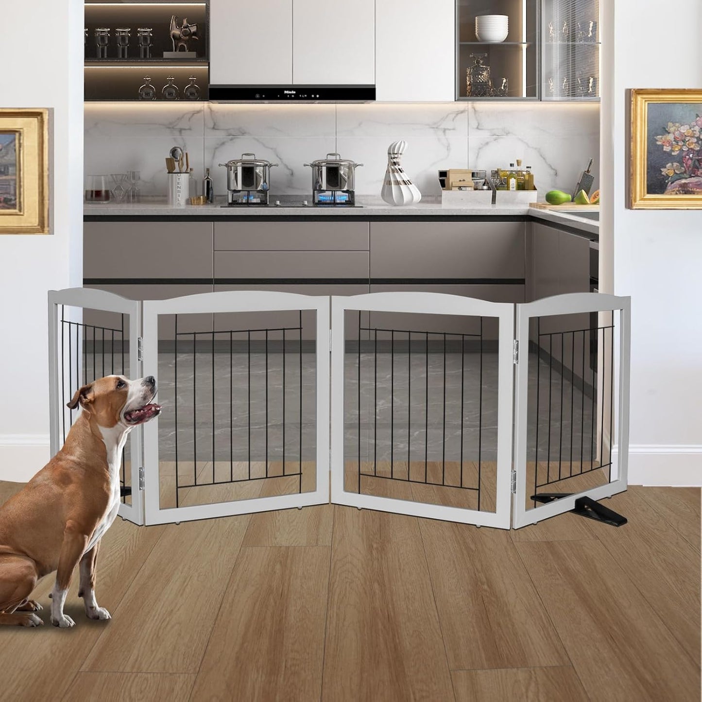 ZJSF Freestanding Dog Fence Indoor, Foldable Dog Gate for Doorways, Stairs or Hallways, Sturdy Wood Extra Wide Pet Gate with Support Feet for The House, Grey, 24 "Height-4 Panels