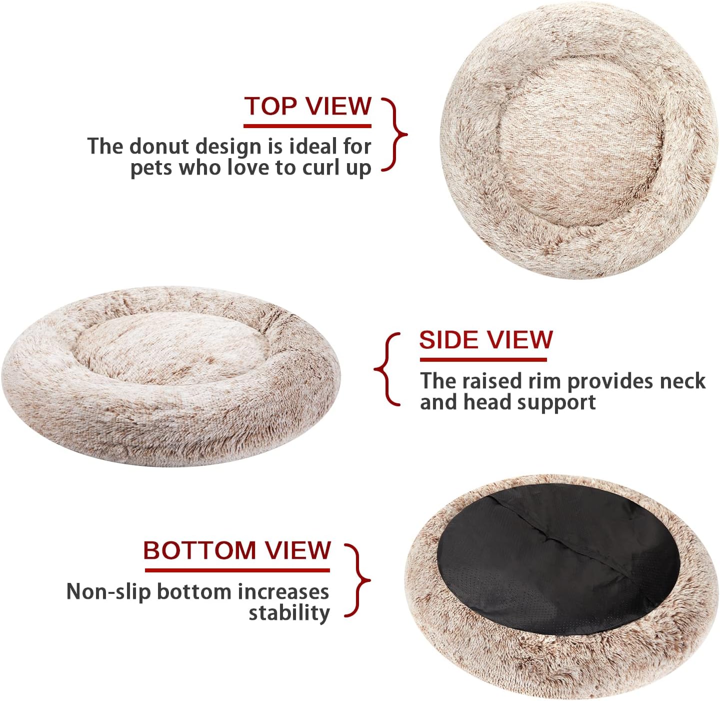 Bedfolks Calming Donut Dog Bed, 23 Inches Round Fluffy Dog Beds for Small Dogs, Machine Washable Anti-Anxiety Plush Puppy Bed（Brown, Small）